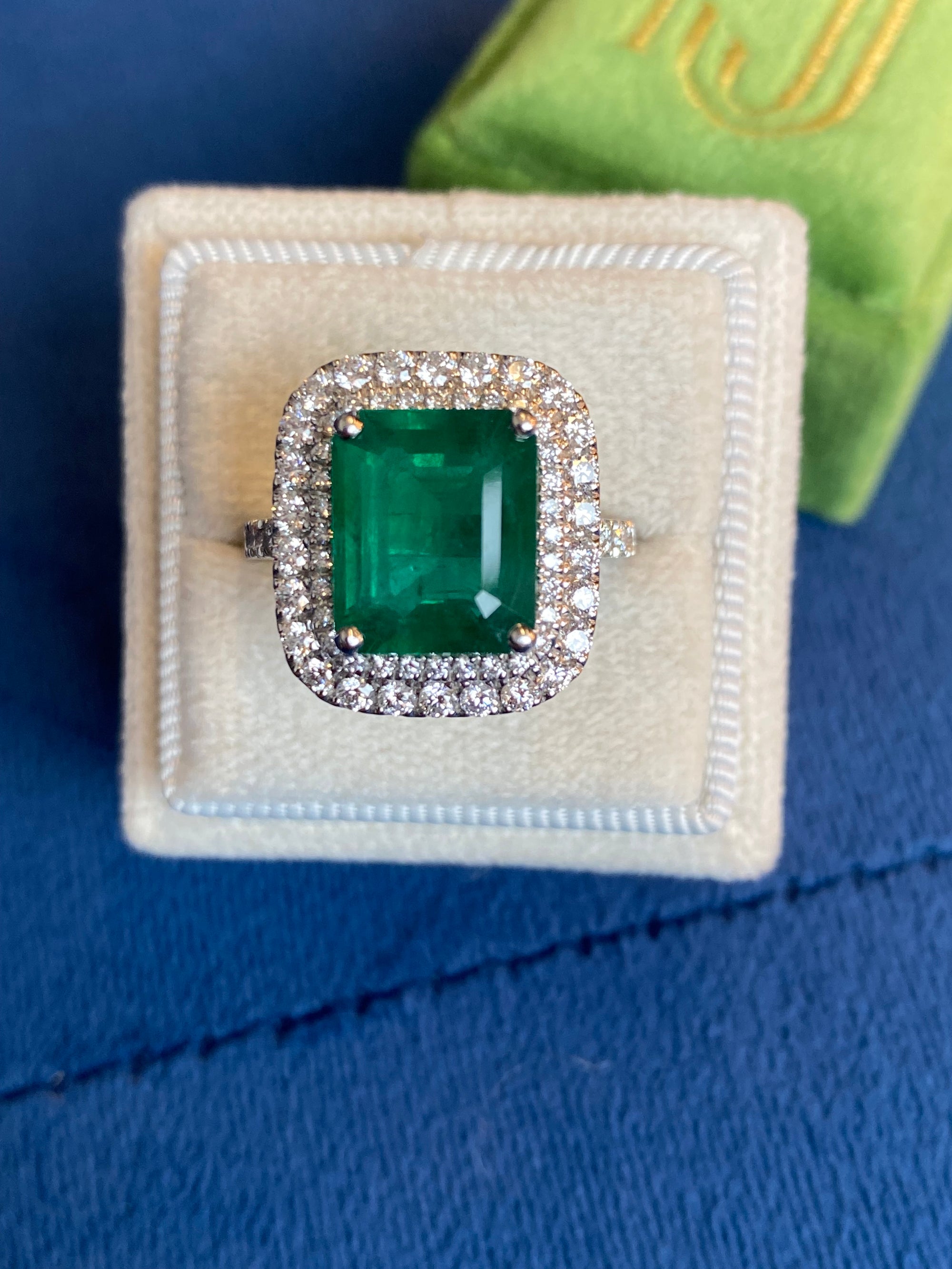 6.07 Carat Emerald Cut Emerald and Diamond Halo Ring in Platinum