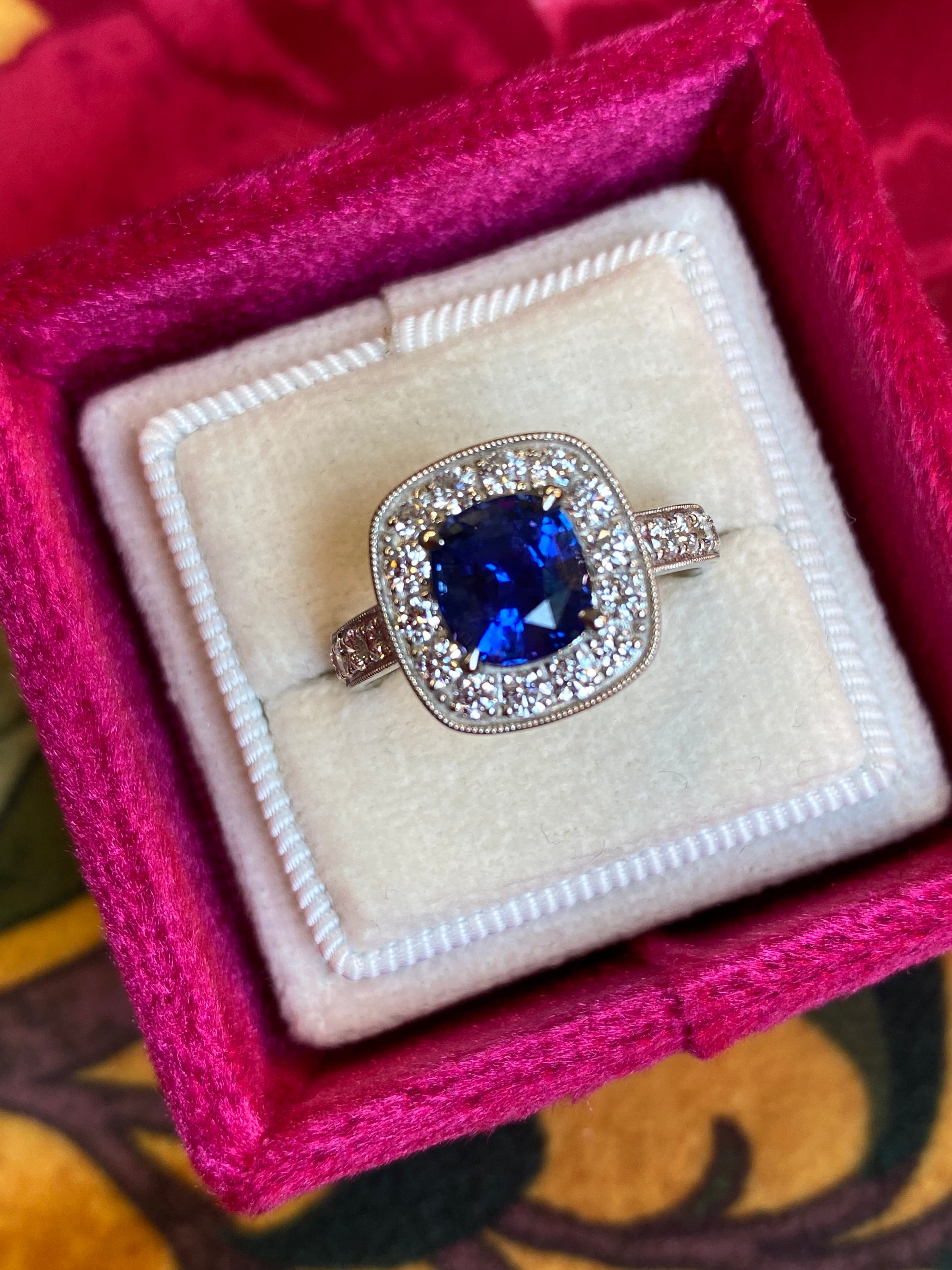 2.24 Carat Blue Ceylon Sapphire and Natural Diamond Halo Ring in Platinum
