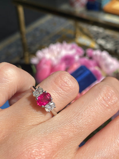 1.34 Carat Ruby and 0.66 Natural Diamond Three Stone Ring in Platinum