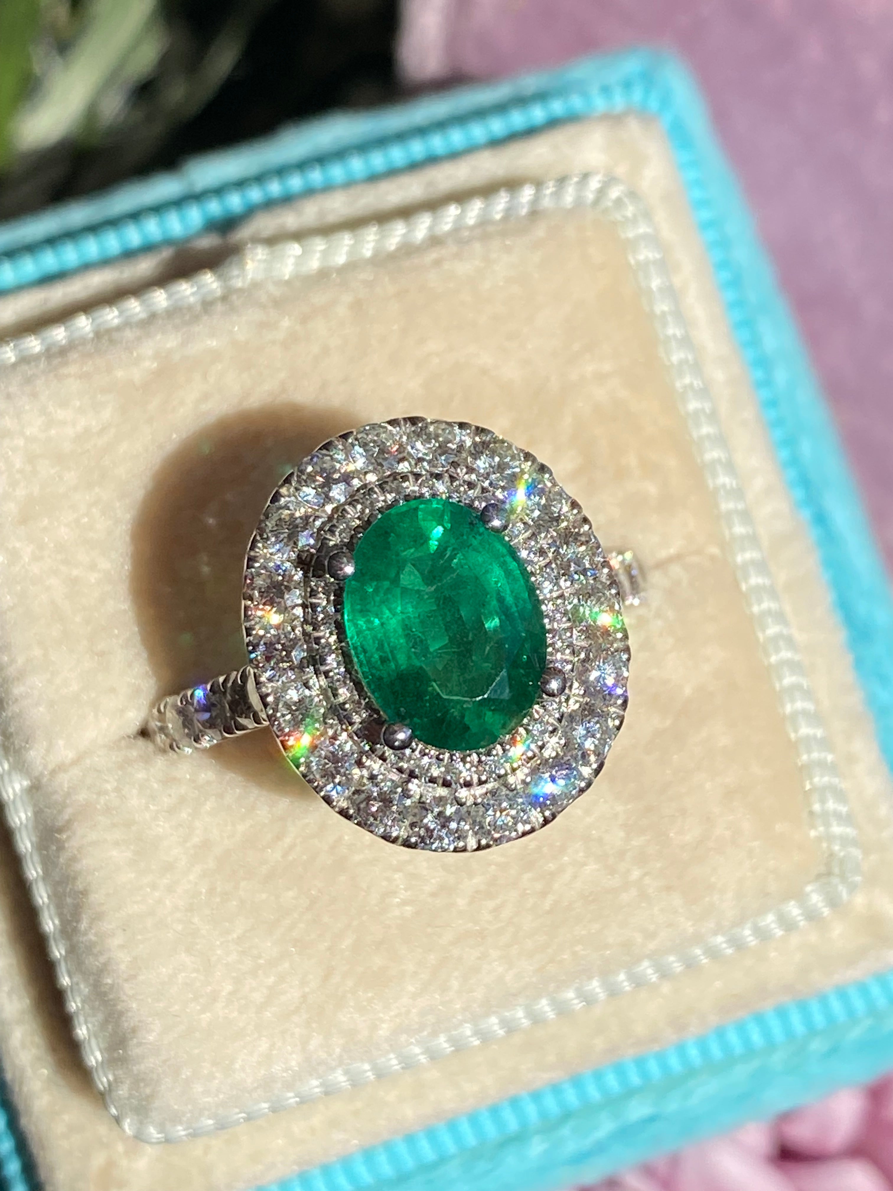 3.11 CTW Emerald and Natural Diamond Double Halo Ring in Platinum