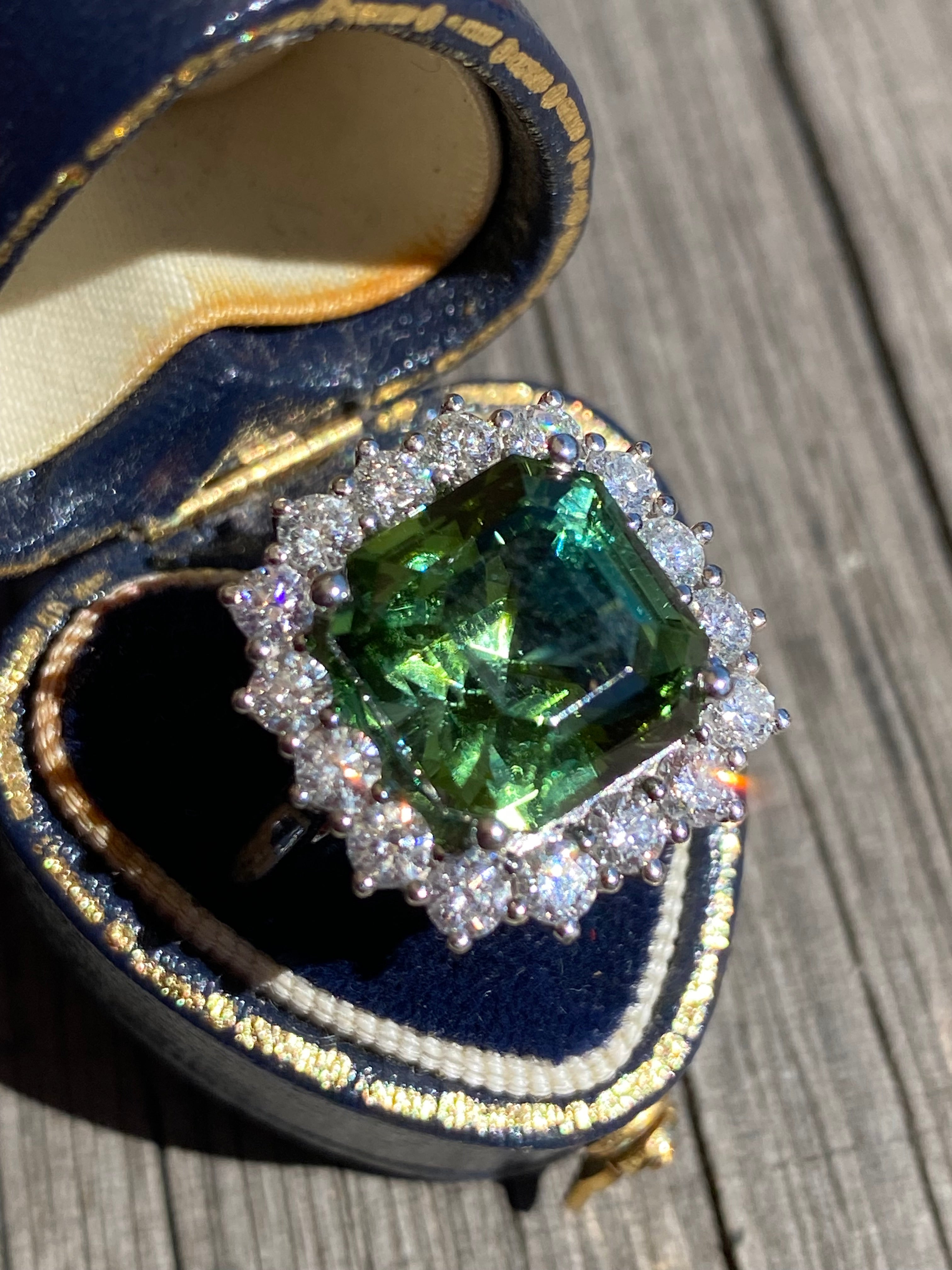 8.44 Carat Asscher Cut Green Tourmaline and 1.38ctw Natural Diamond Ring in Platinum