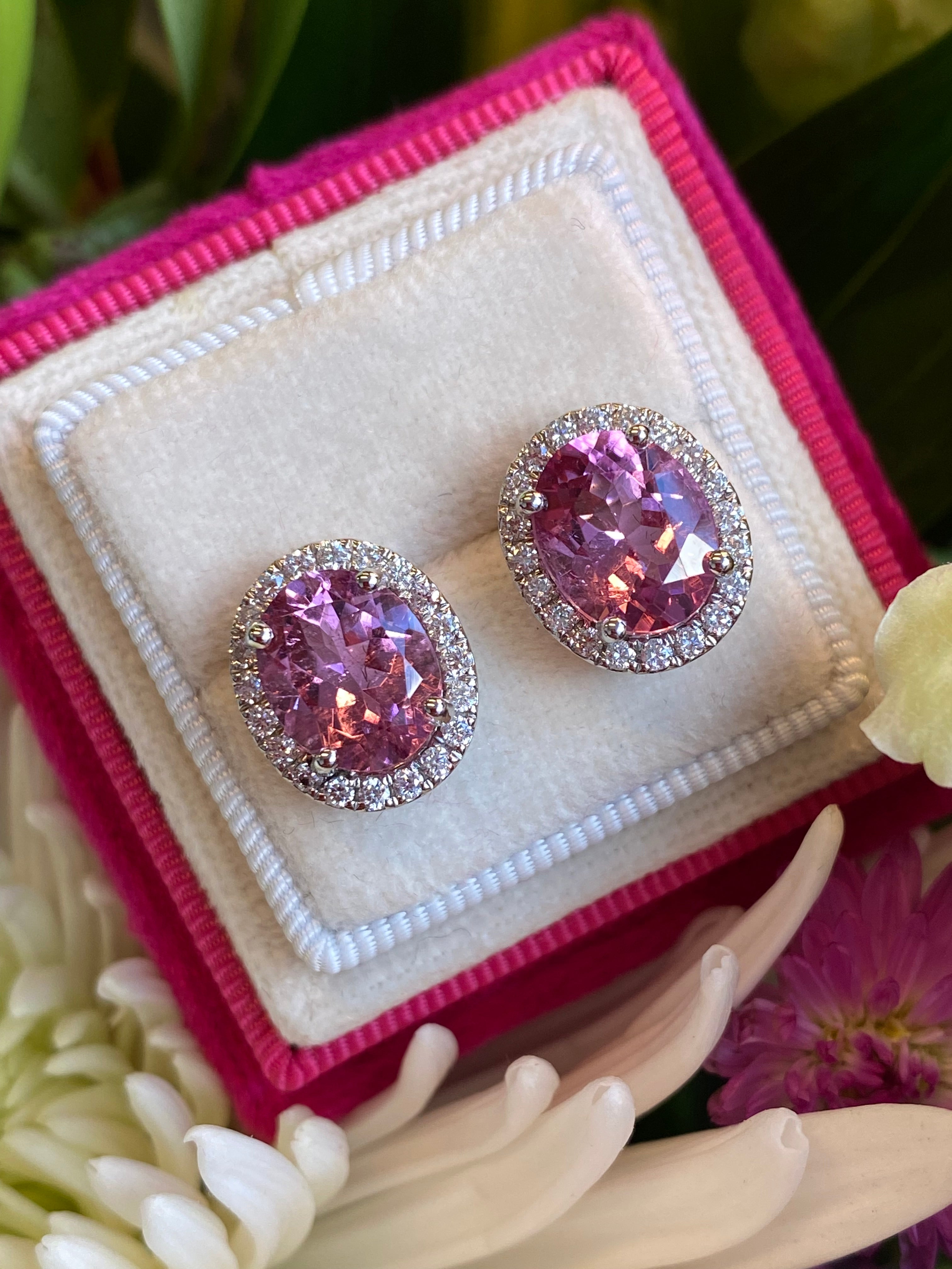 5.90 CTW Pink Tourmaline and Diamond Halo Stud Earrings in Platinum