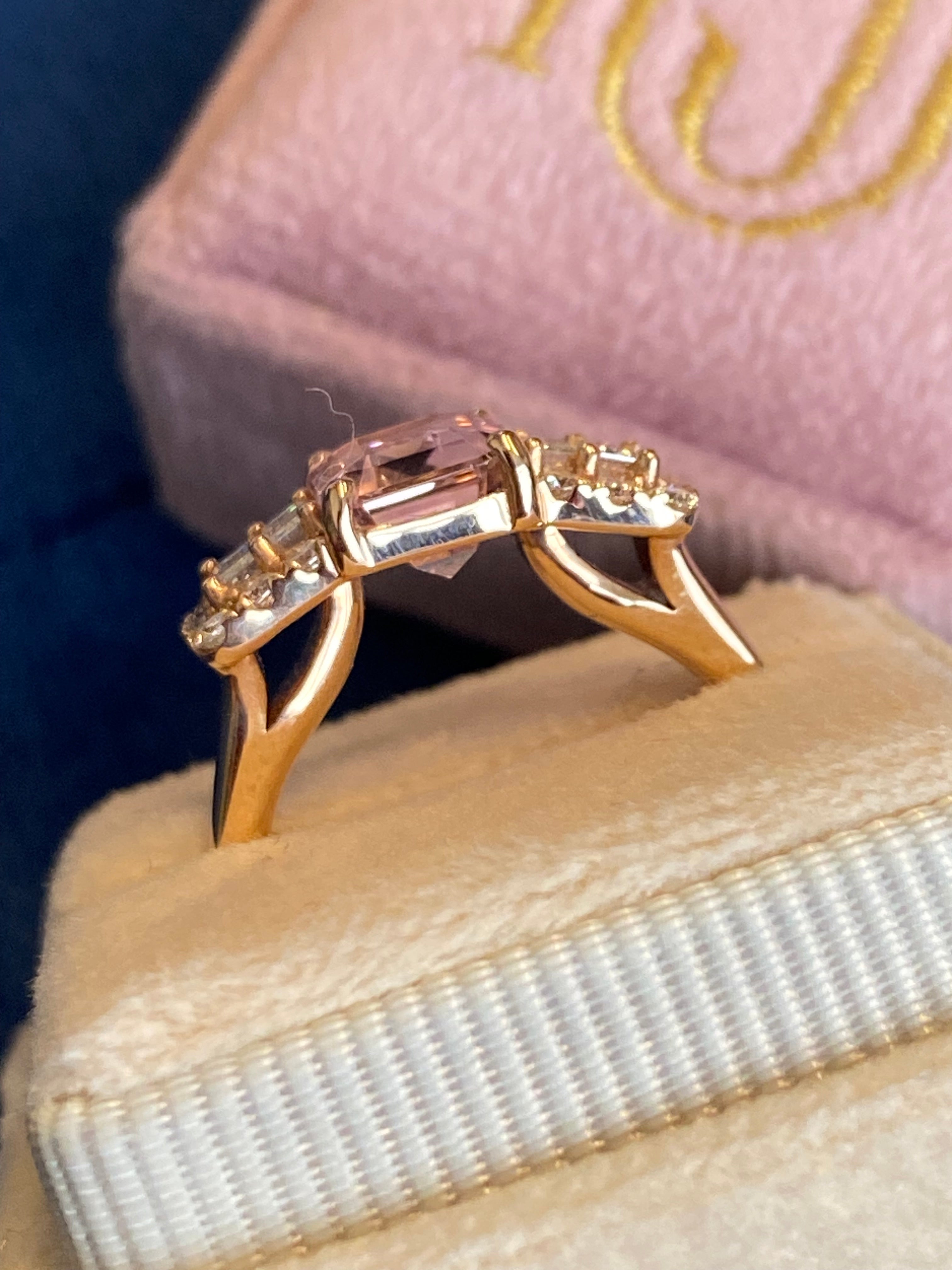 2.49 CTW Emerald Cut Morganite and Diamond Three Stone Style Engagement Ring in 18ct Rose Gold
