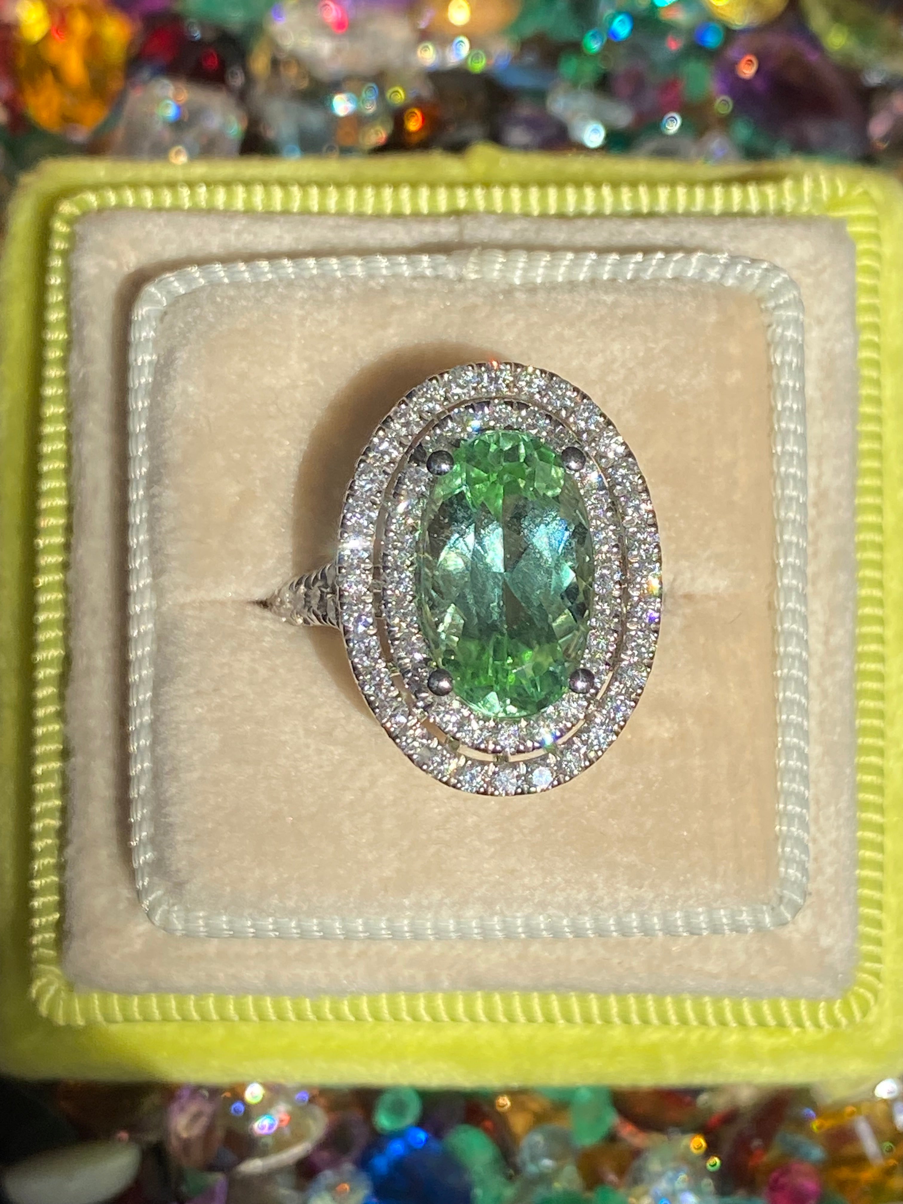 4.77 CTW Magical Mint Tourmaline and Natural Diamond Double Halo Ring in Platinum