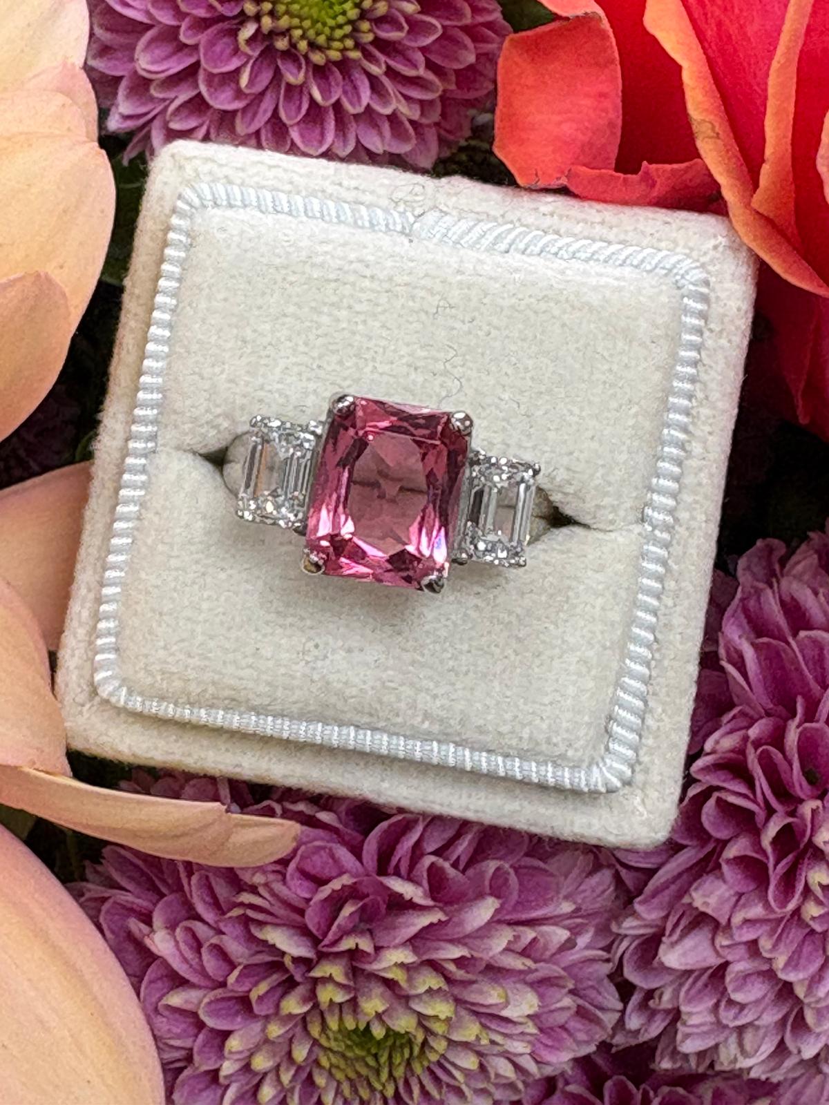 3.45 Carat Pink Tourmaline and 1.34 CTW Lab Diamond Ring in Platinum