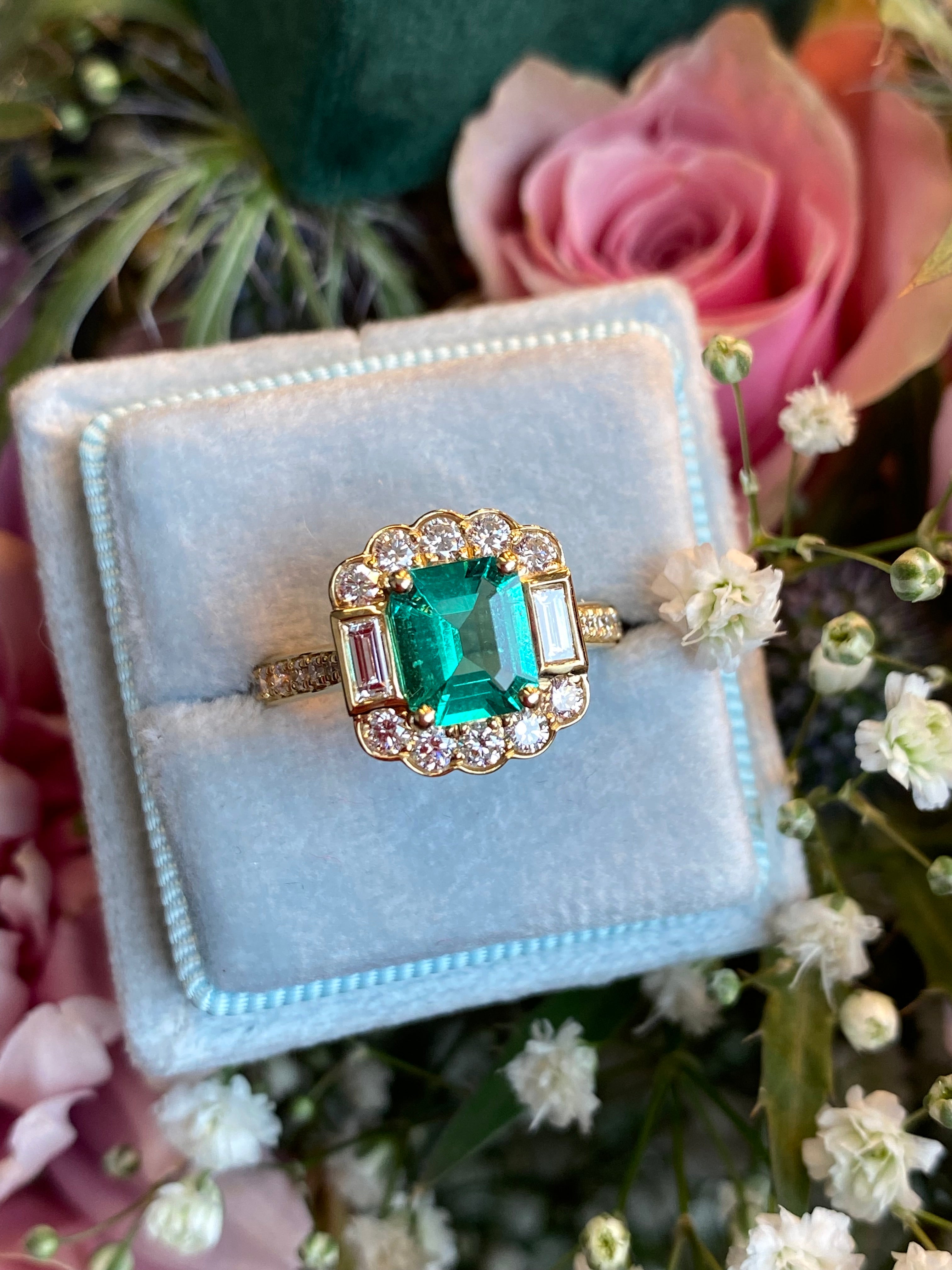 1.17 Carat GIA Colombian Emerald and 0.75ctw Natural Diamond Ring in 18ct Yellow Gold