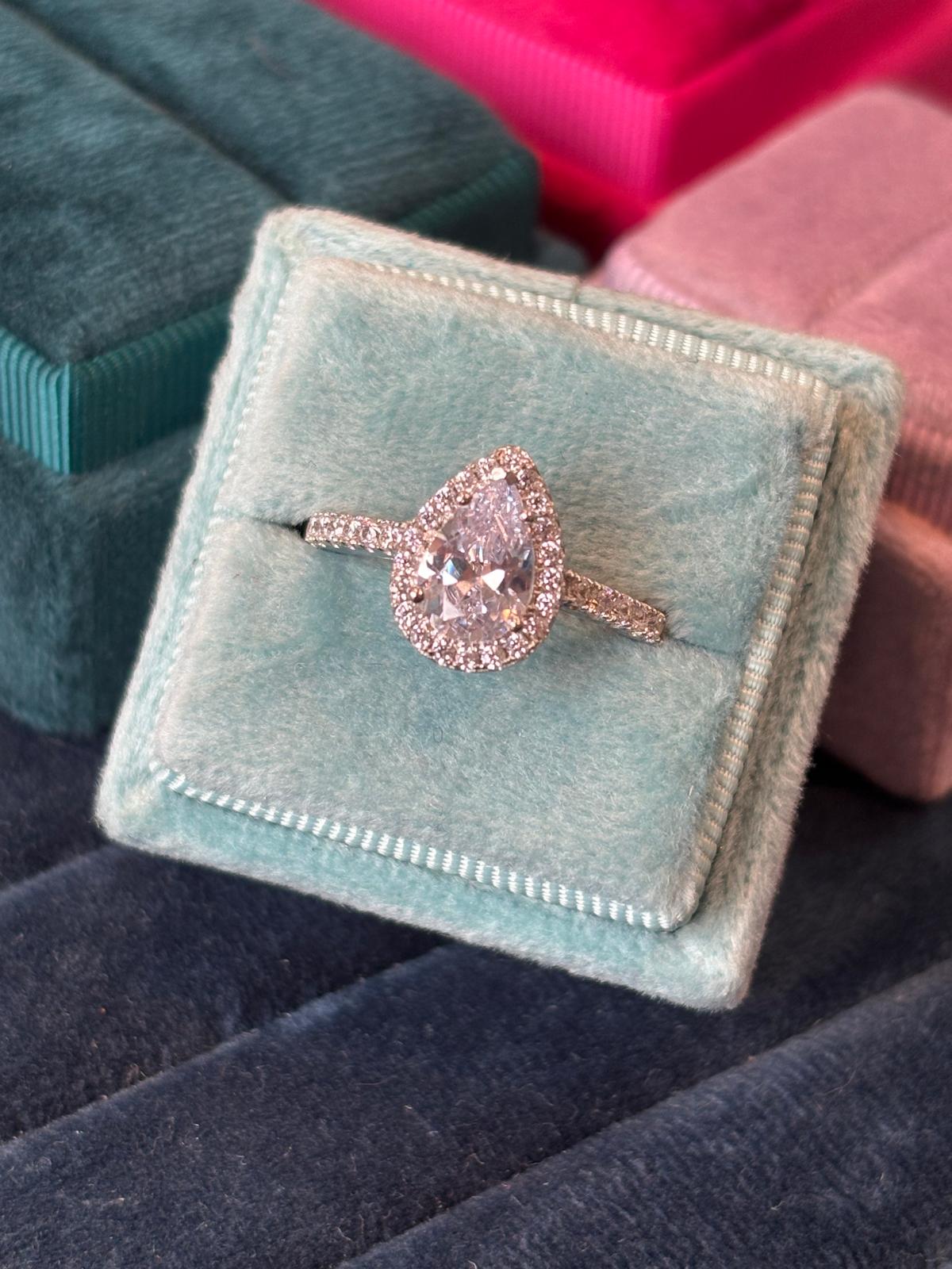 Pear Cut Moissanite Halo Engagement and Wedding / Eternity Ring Set in Sterling Silver