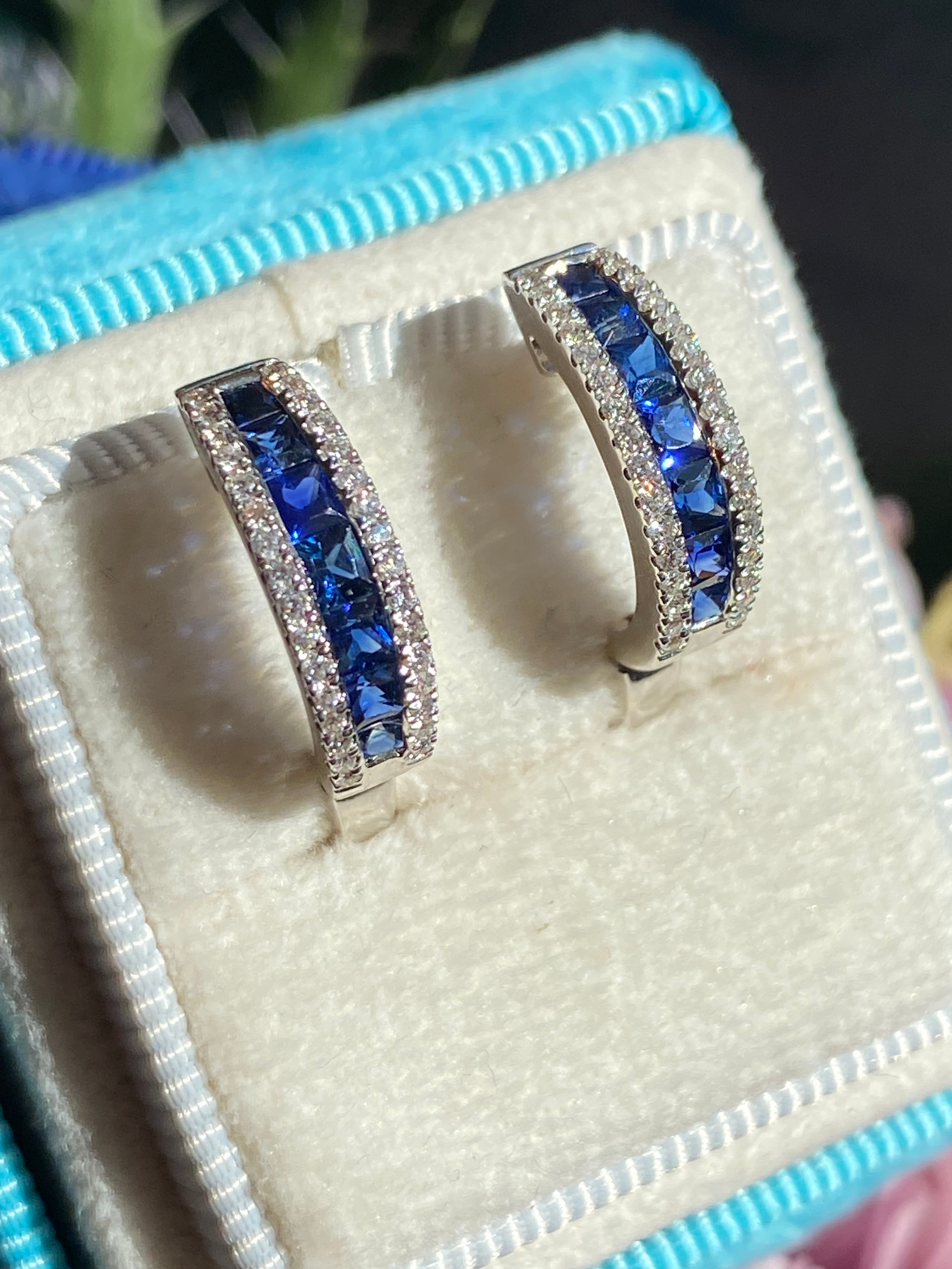 1.25 CTW Sapphire and Natural Diamond Hoop Earrings in 18ct White Gold