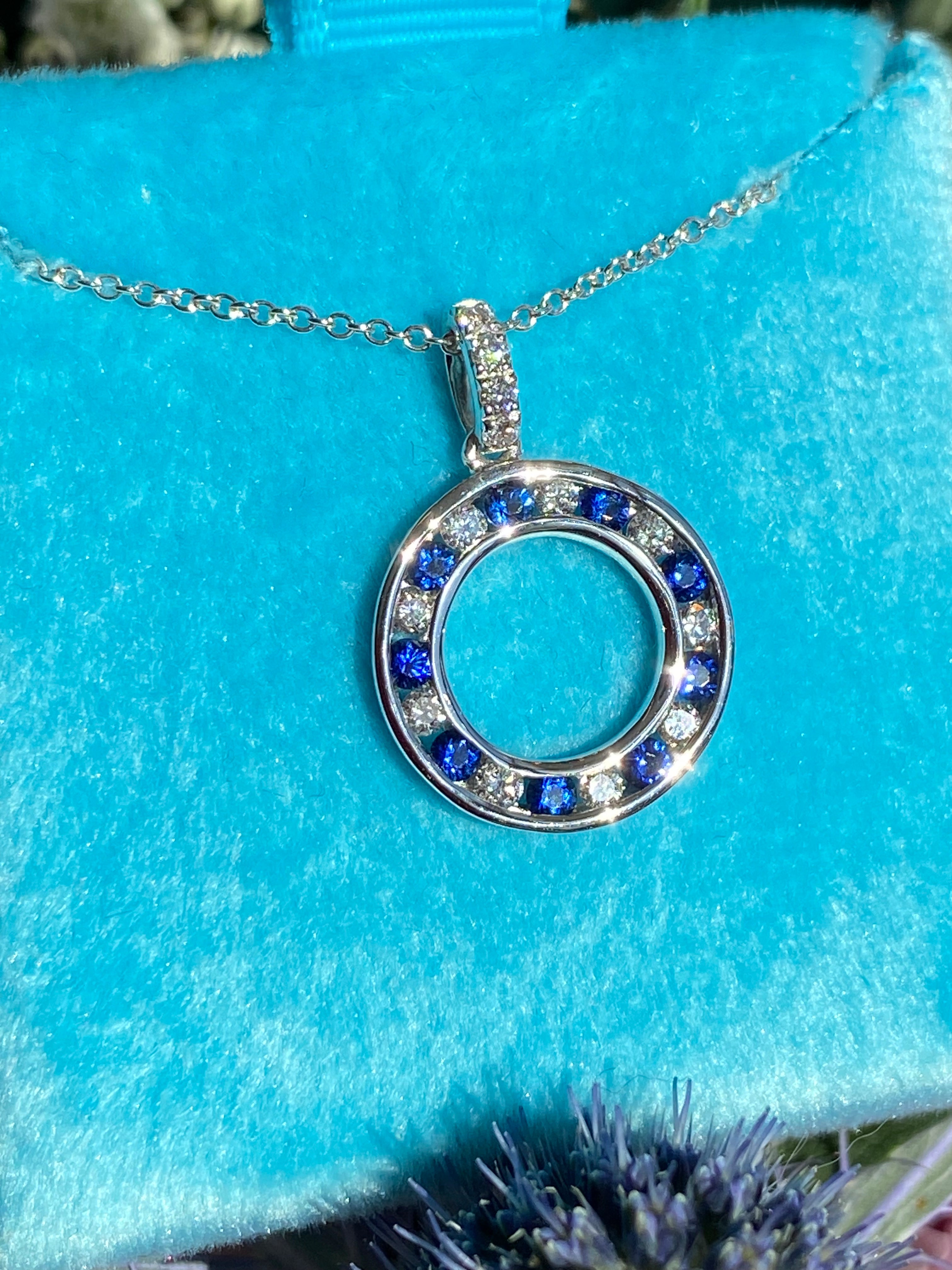 Beautiful Sapphire and Natural Diamond Pendant Necklace in 18ct White Gold
