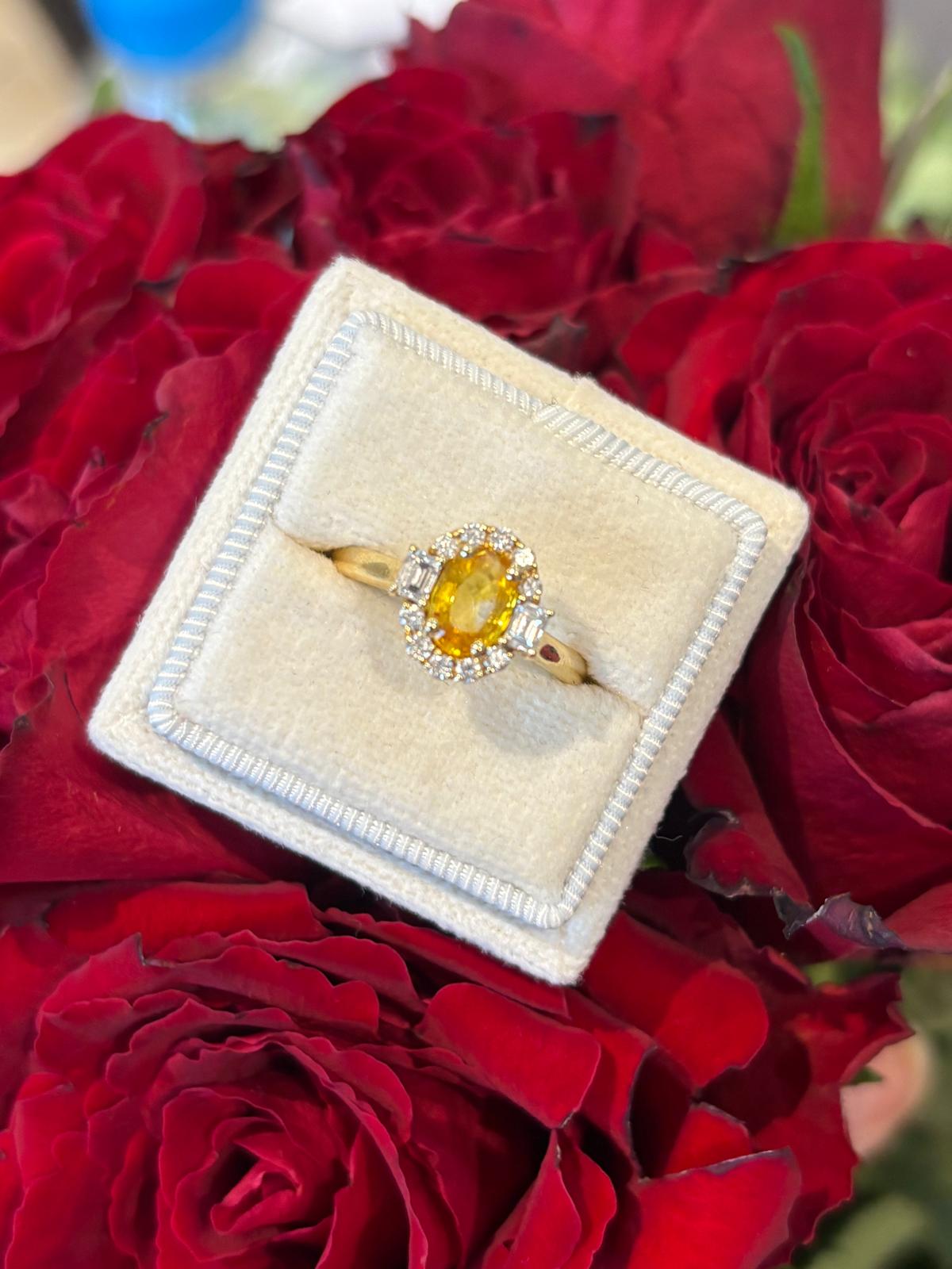 0.93 Carat Orange Yellow Sapphire and 0.37ctw Natural Diamond Halo Engagement Ring in 18ct Yellow Gold