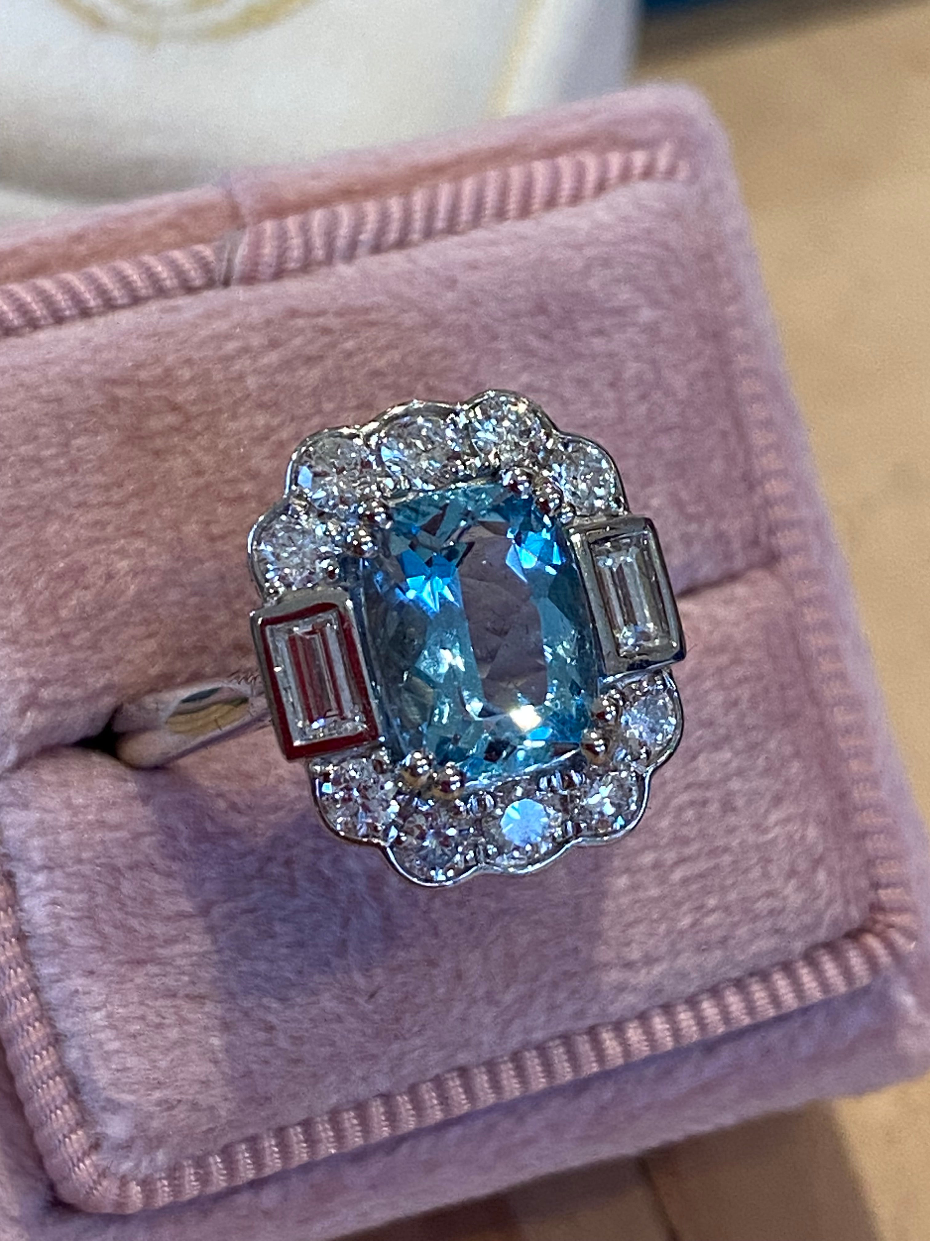 2.86 CTW Cushion Cut Aquamarine and Diamond Engagement Ring in Platinum