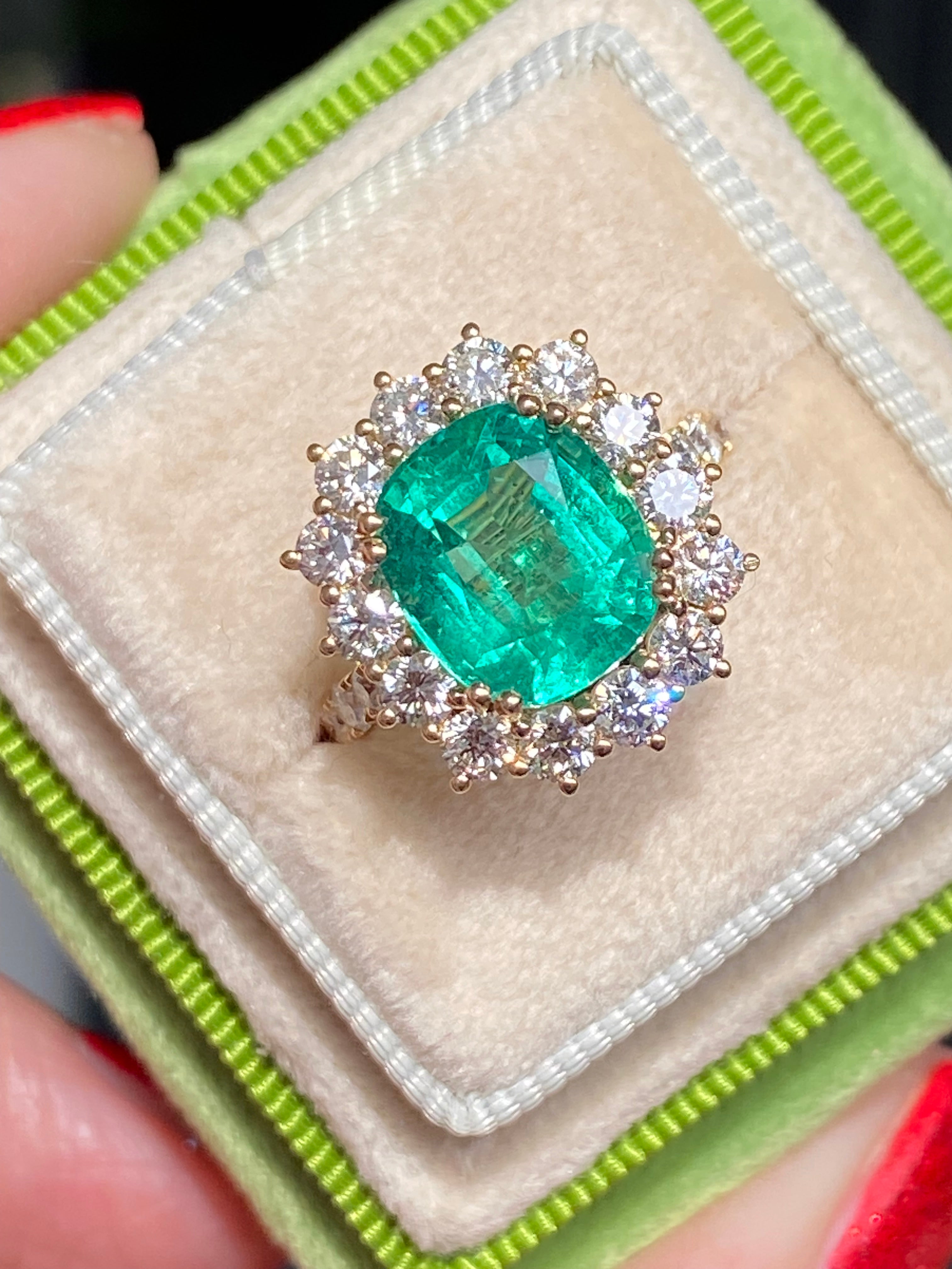 5.31 CTW Cushion Cut Emerald and Natural Diamond Halo Ring in 18ct Yellow Gold