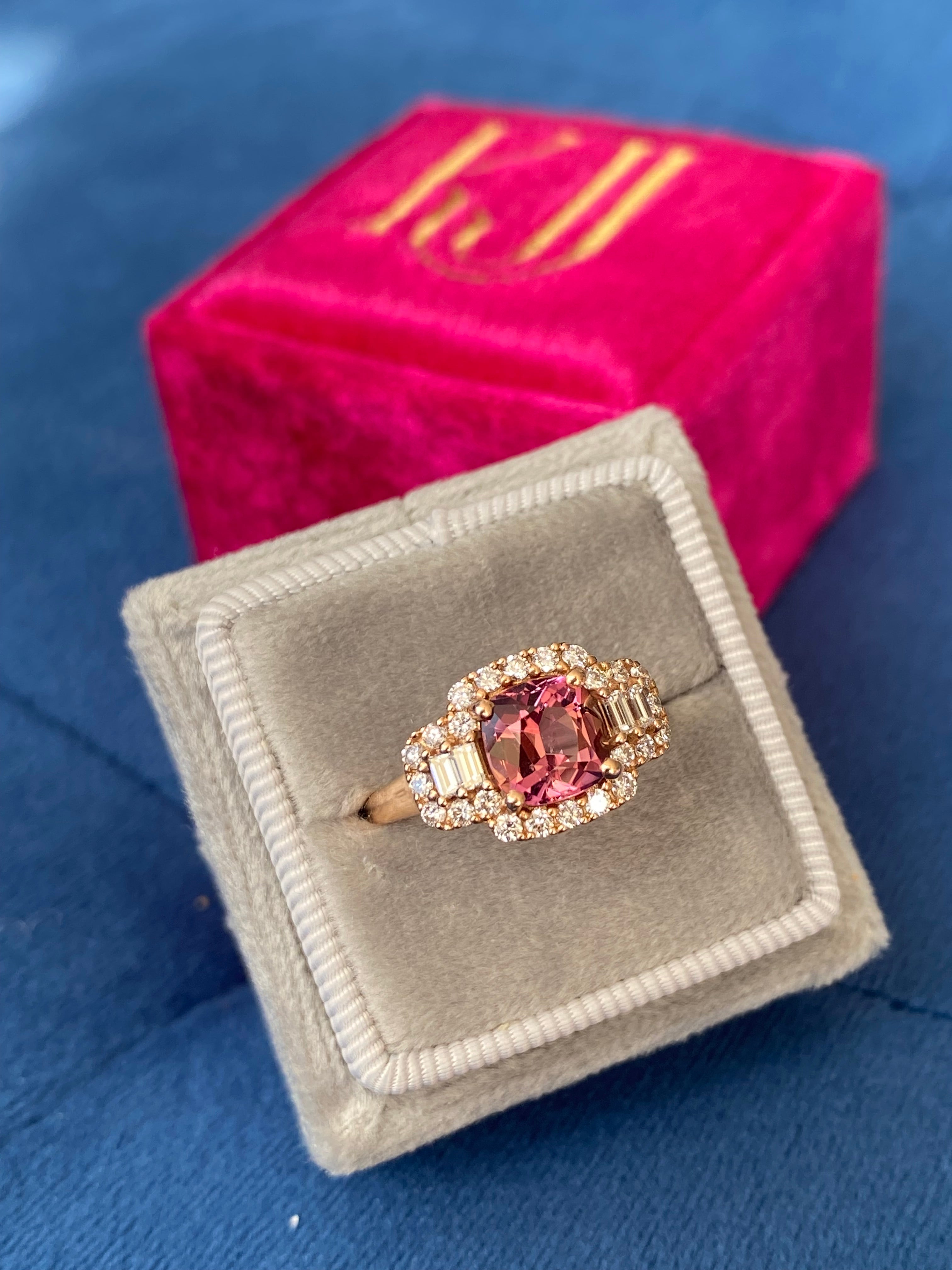 2.02 CTW Pink Tourmaline and Natural Diamond Three Stone Halo Ring in 18ct Rose Gold
