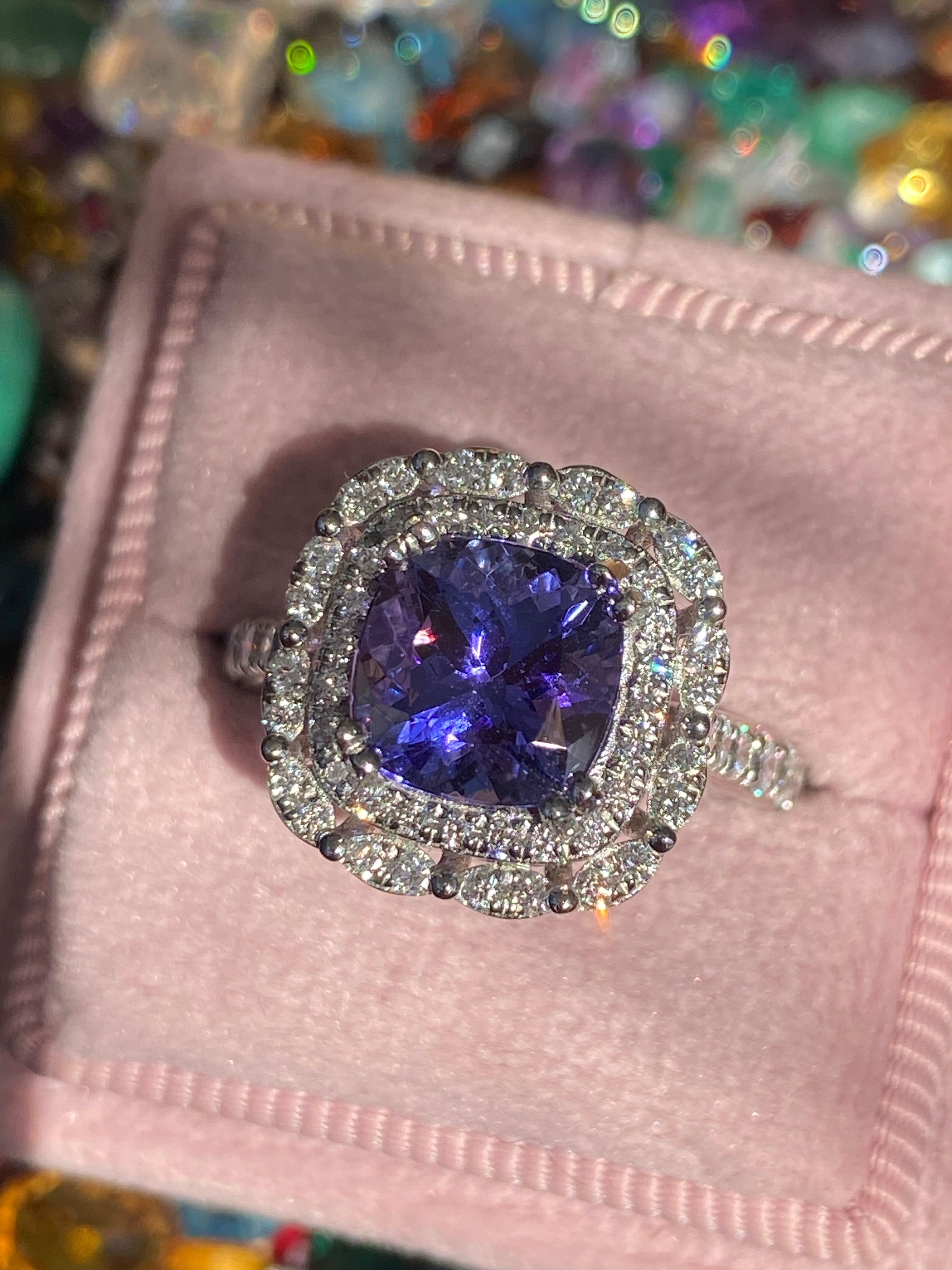 2.36 Carat Cushion Cut Tanzanite and 0.71 ctw Natural Diamond Ring in Platinum