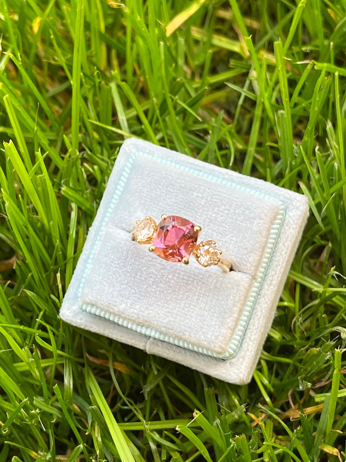 3.12ctw Pink Tourmaline and Natural Diamond Three Stone Ring in 18ct Yellow Gold