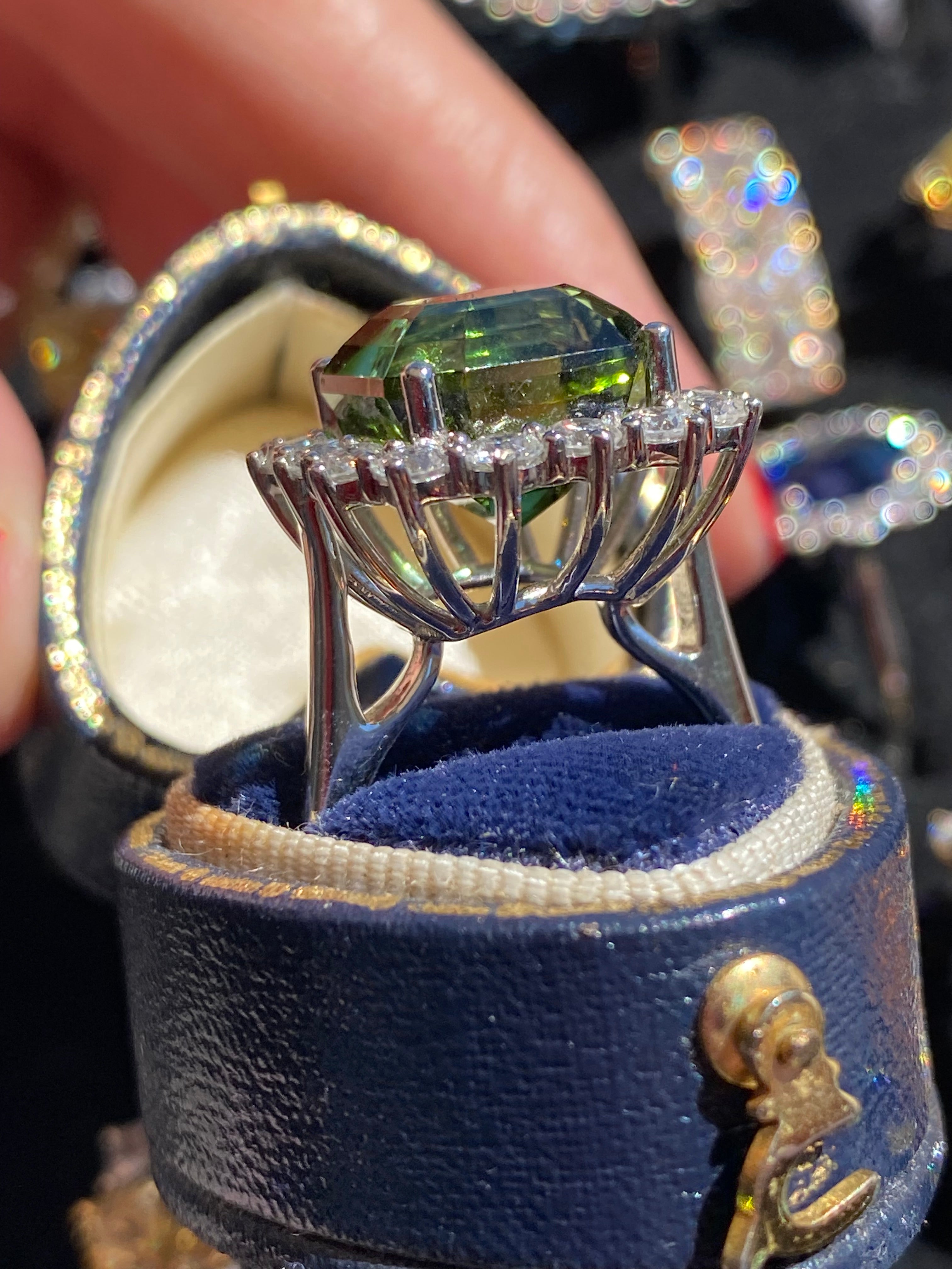 8.44 Carat Asscher Cut Green Tourmaline and 1.38ctw Natural Diamond Ring in Platinum