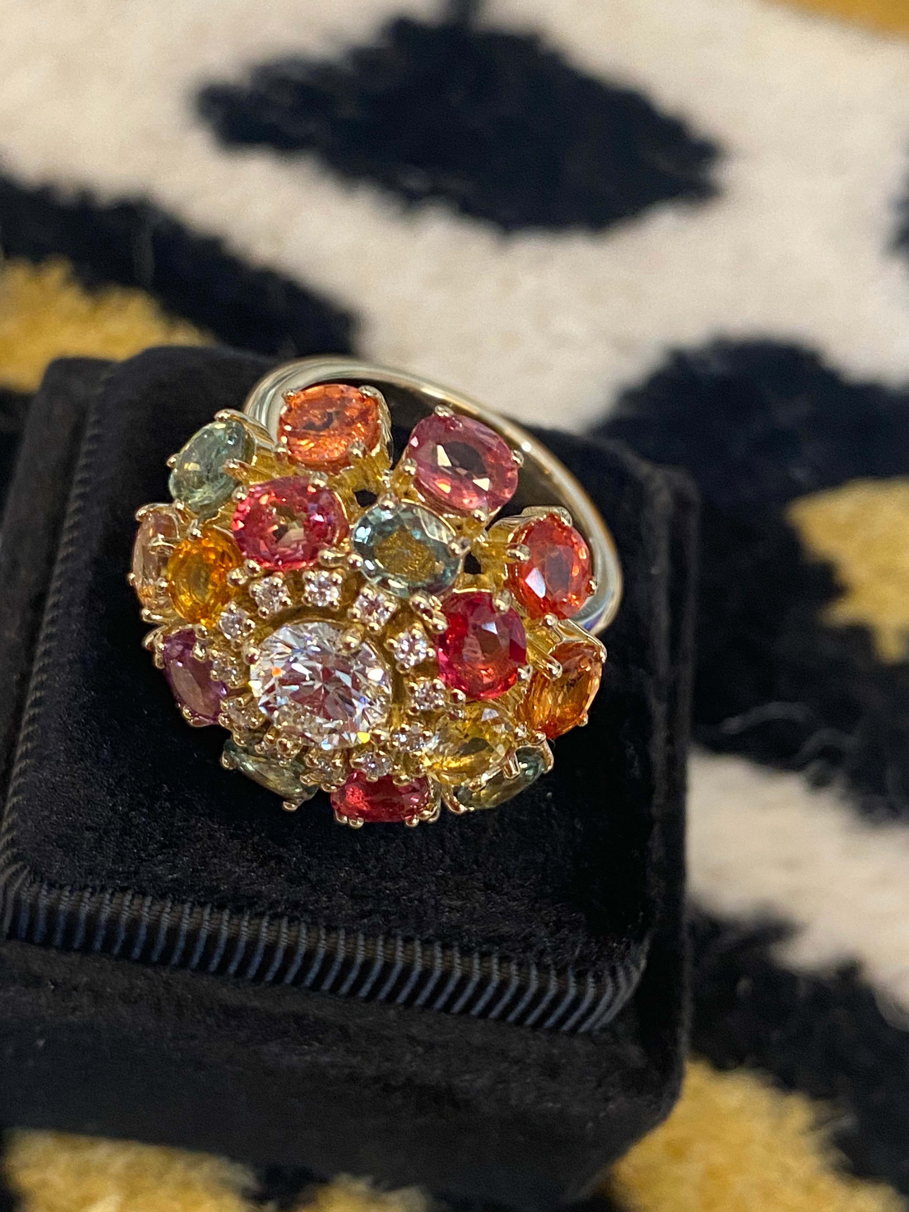 8.08 CTW Natural Diamond and Sapphire Bombe Cluster Ring in 18ct Yellow Gold