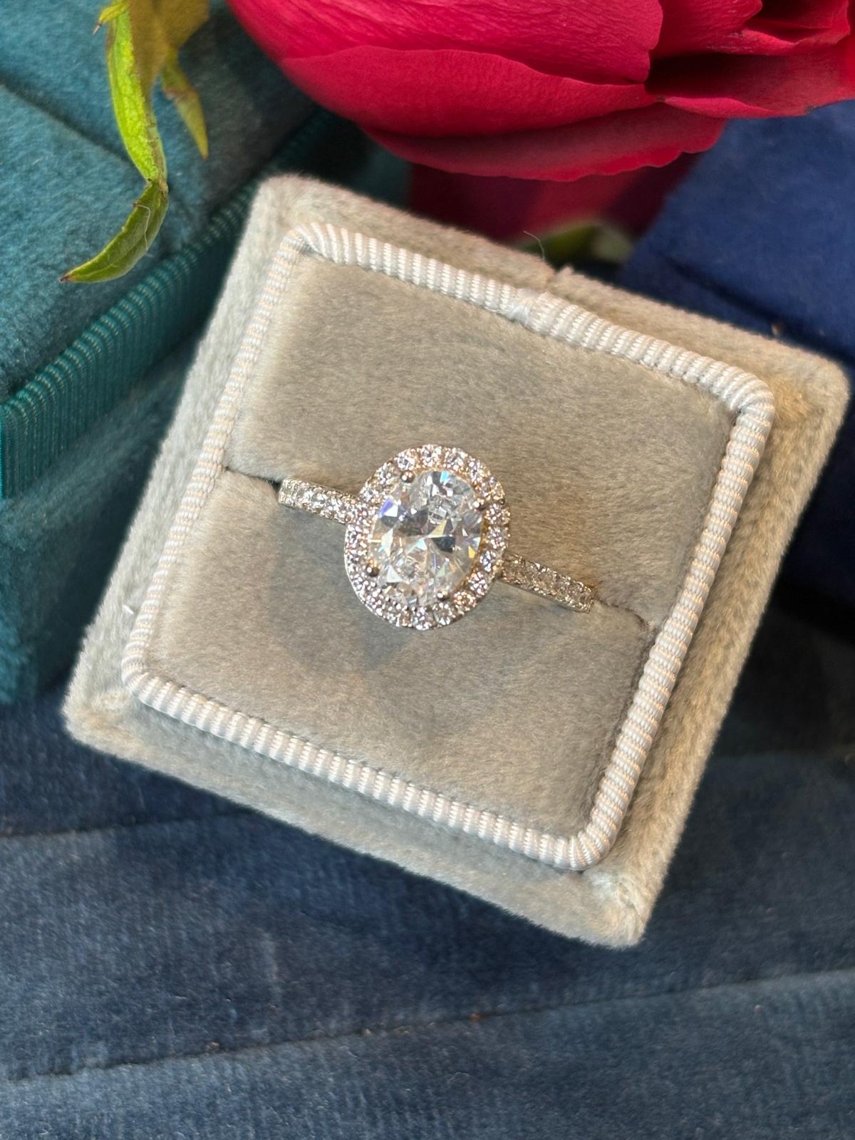 Oval Cut Moissanite Halo Engagement and Wedding / Eternity Ring Set in Sterling Silver