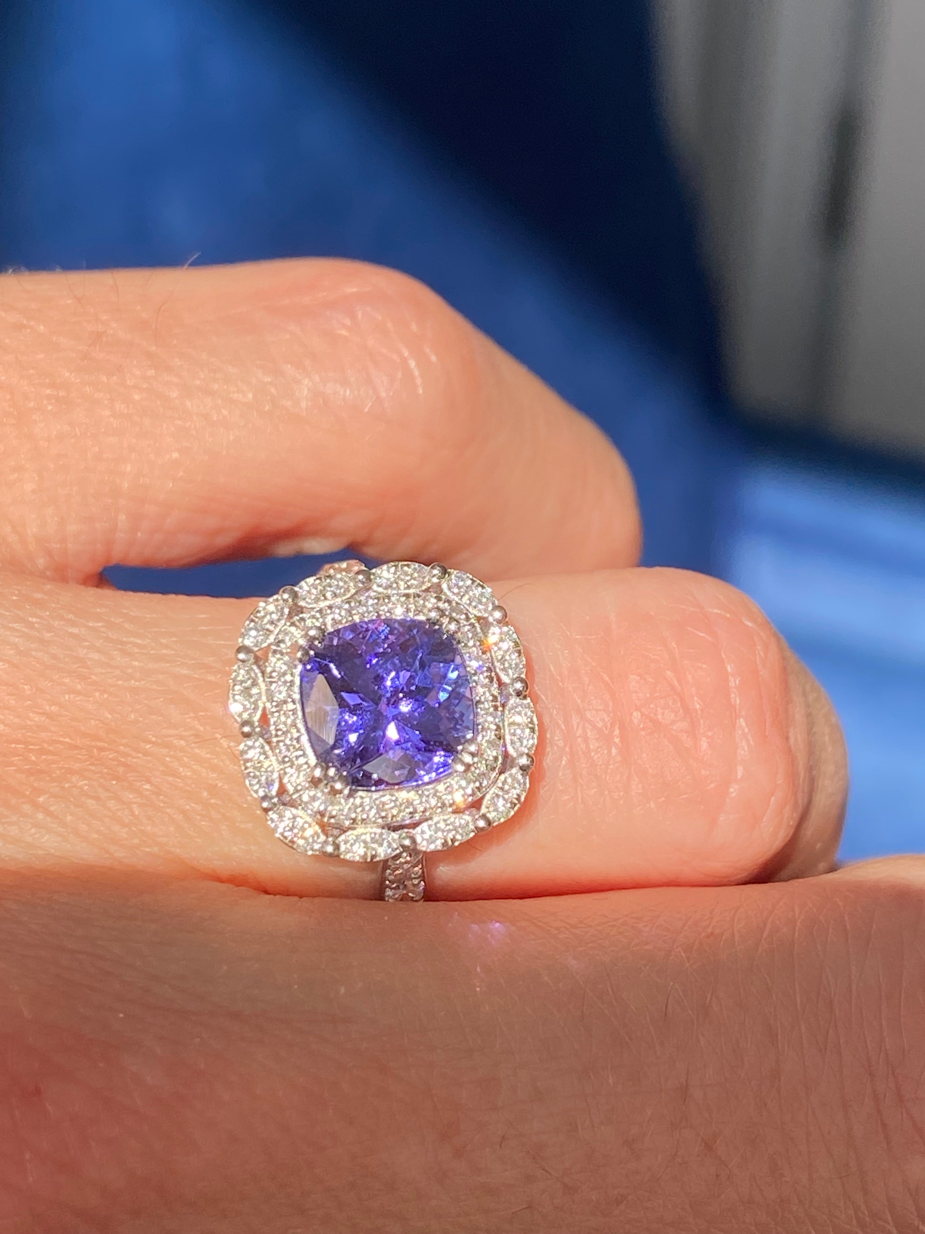 2.36 Carat Cushion Cut Tanzanite and 0.71 ctw Natural Diamond Ring in Platinum