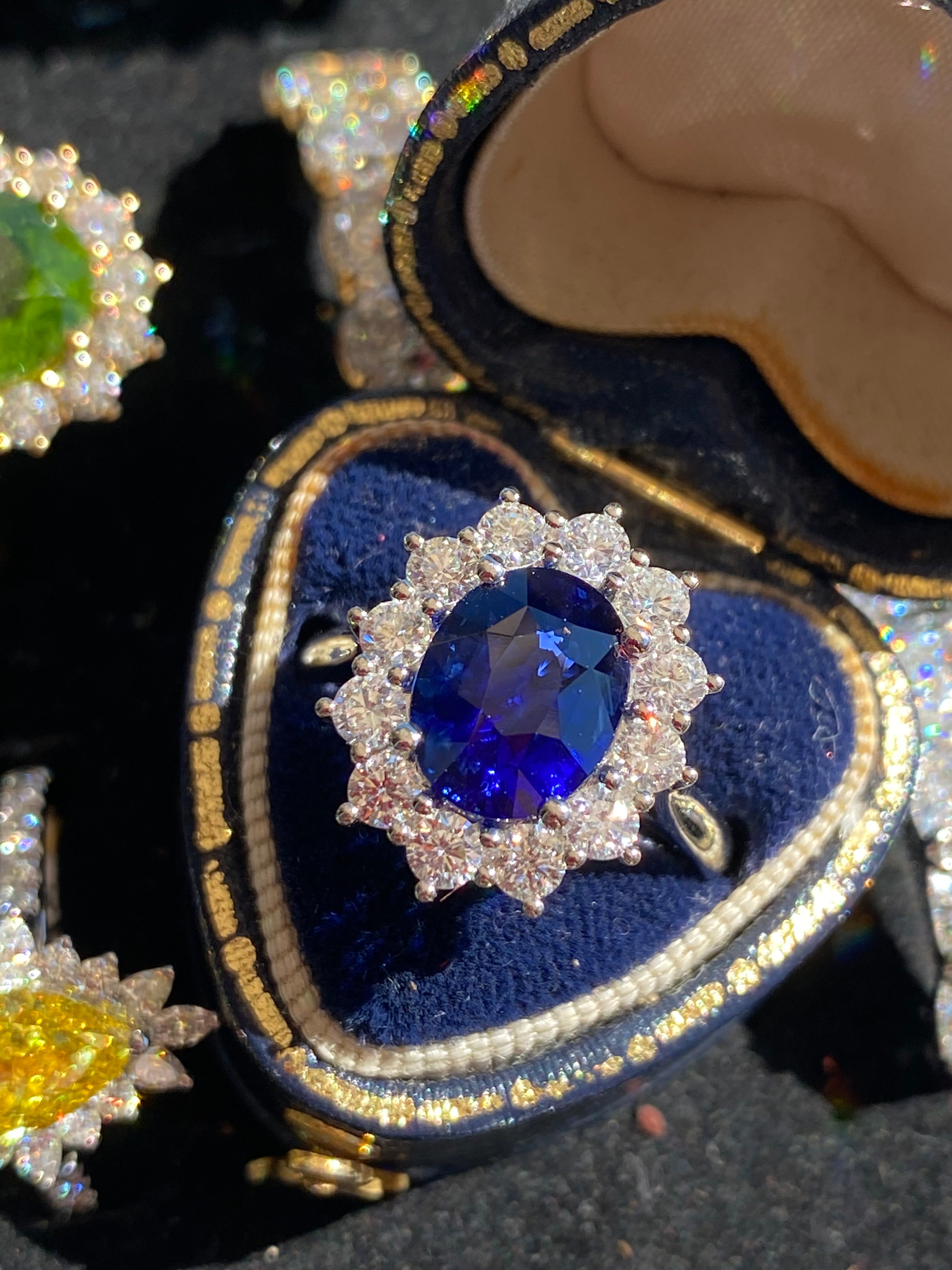 6.37 Carat Gubelin Certed Blue Ceylon Sapphire and 1.80 CTW Natural Diamond Halo Ring in Platinum