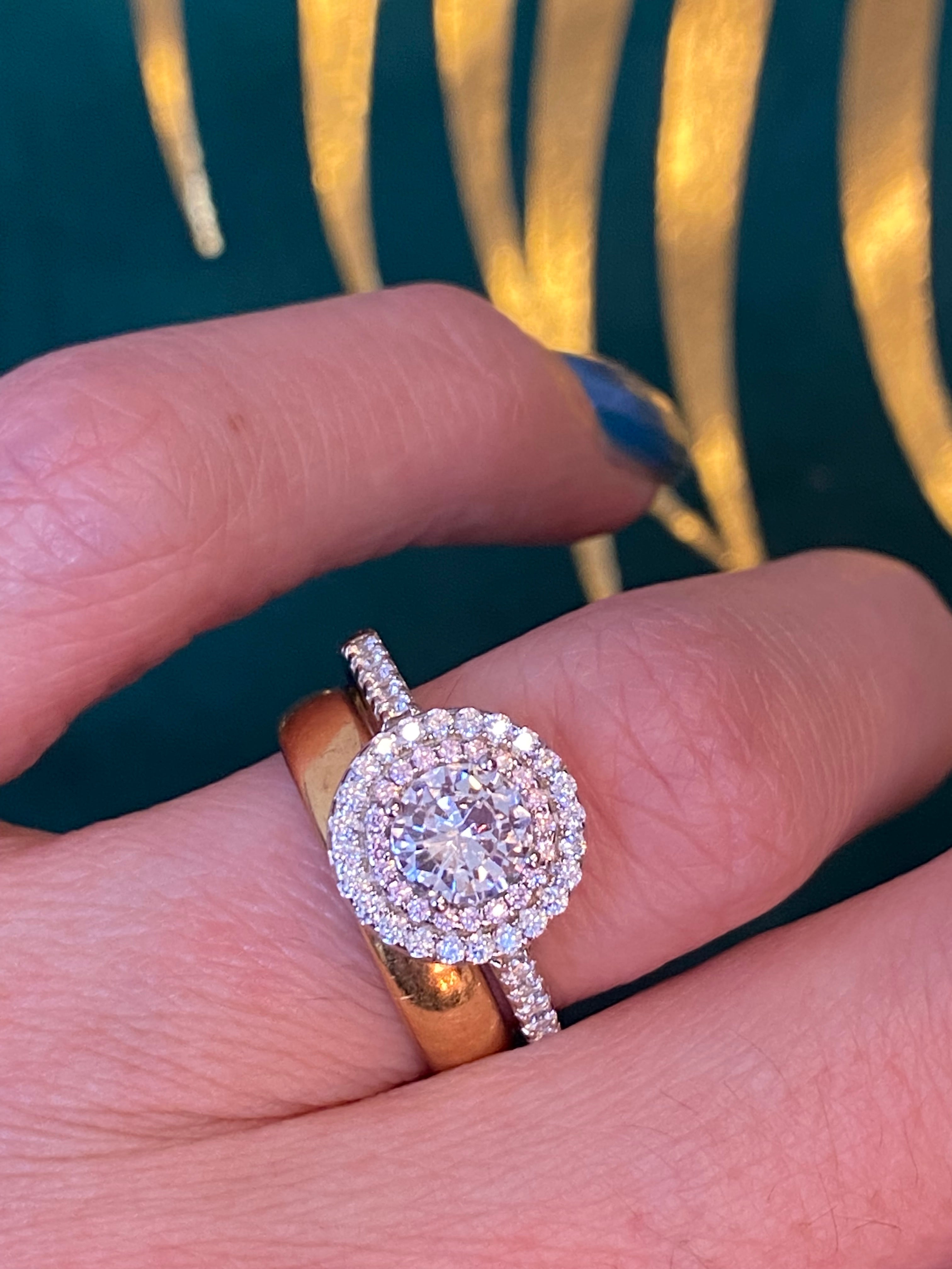 Round Cut Moissanite Pink Double Halo Engagement and Wedding / Eternity Ring Set in Sterling Silver