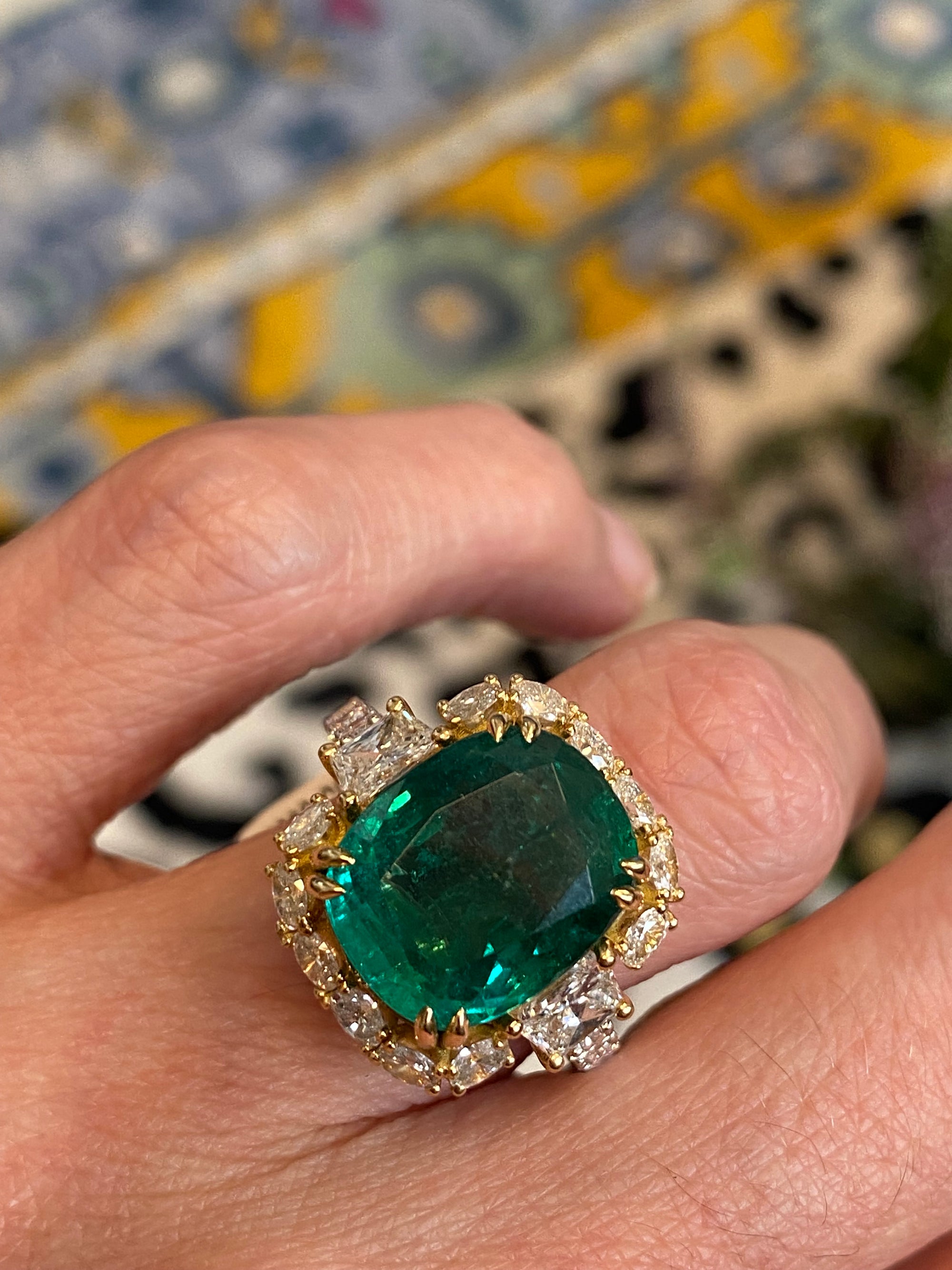 8.75 Carat Cushion Cut Zambian Emerald and 2.53 CTW Natural Diamond Halo Ring in Platinum and 18ct Yellow Gold