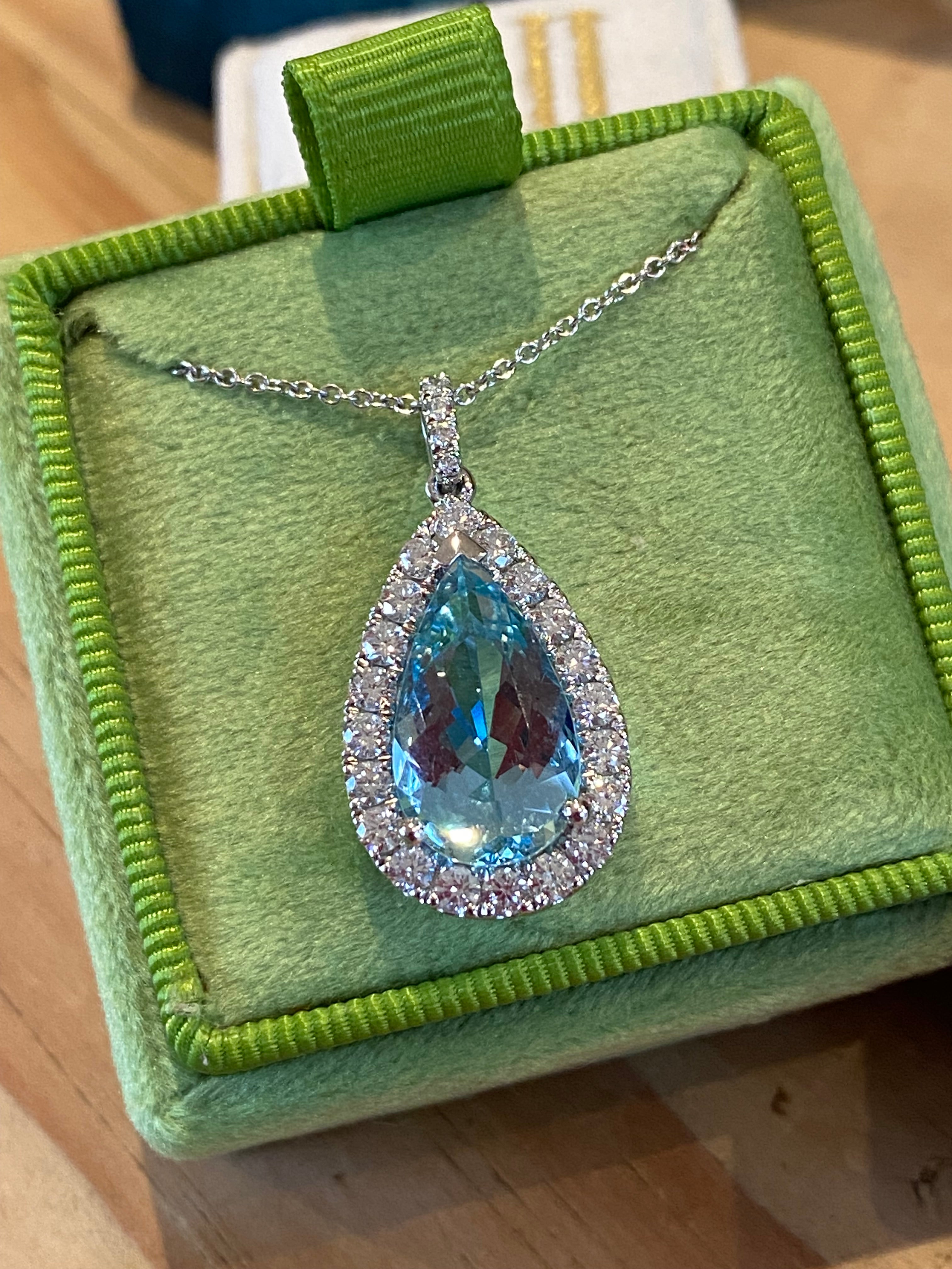 5.14 CTW Pear Cut Aquamarine and Natural Diamond Pendant Necklace in 18ct White Gold