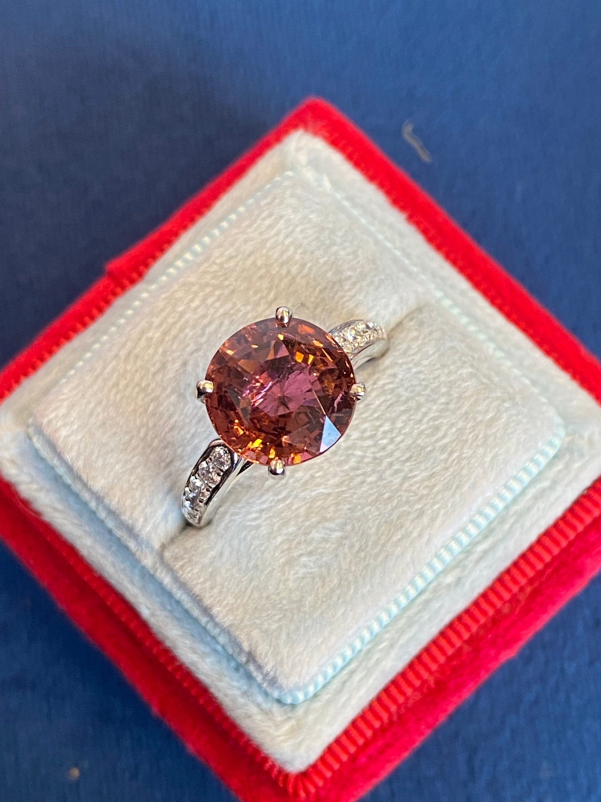5.09 Carat Round Cut Pink Tourmaline and Natural Diamond Engagement Ring in Platinum