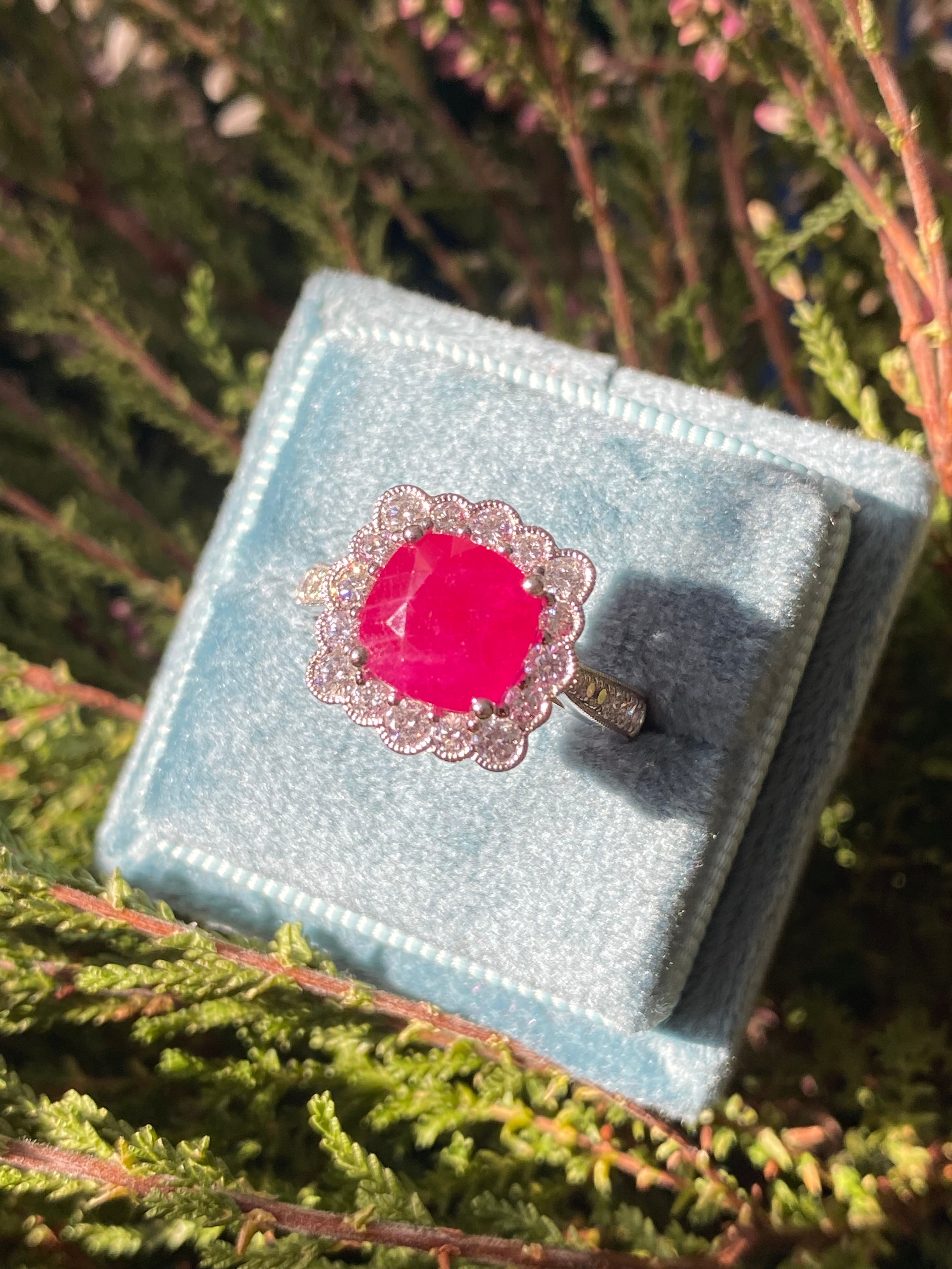 3.29 Carat Cushion-Cut Ruby and 0.78 ctw Natural Diamond Halo Ring in Platinum