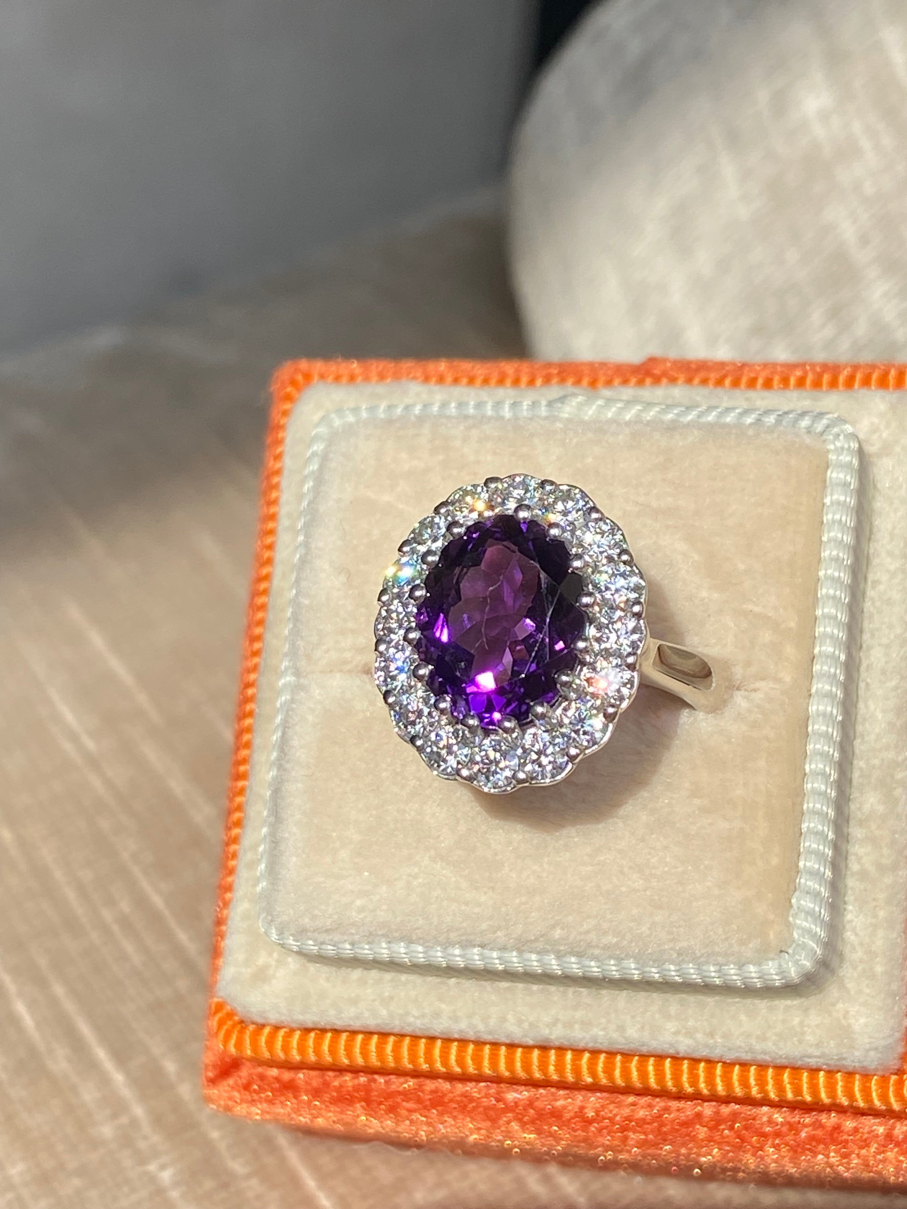 5.50 CTW Oval Cut Amethyst and Moissanite Halo Cocktail Ring