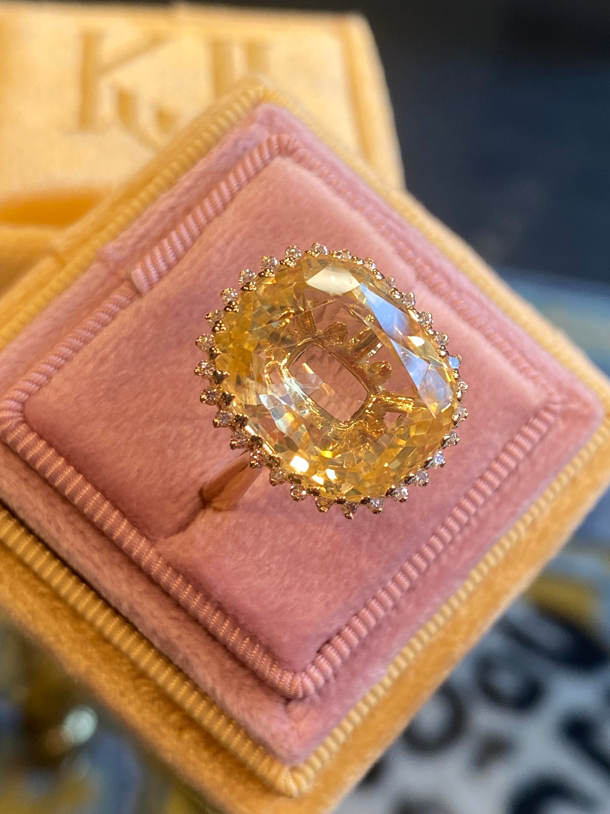 Masterpiece 19.23 Carat Certified Antique Unheated Yellow Sapphire and Diamond Ring