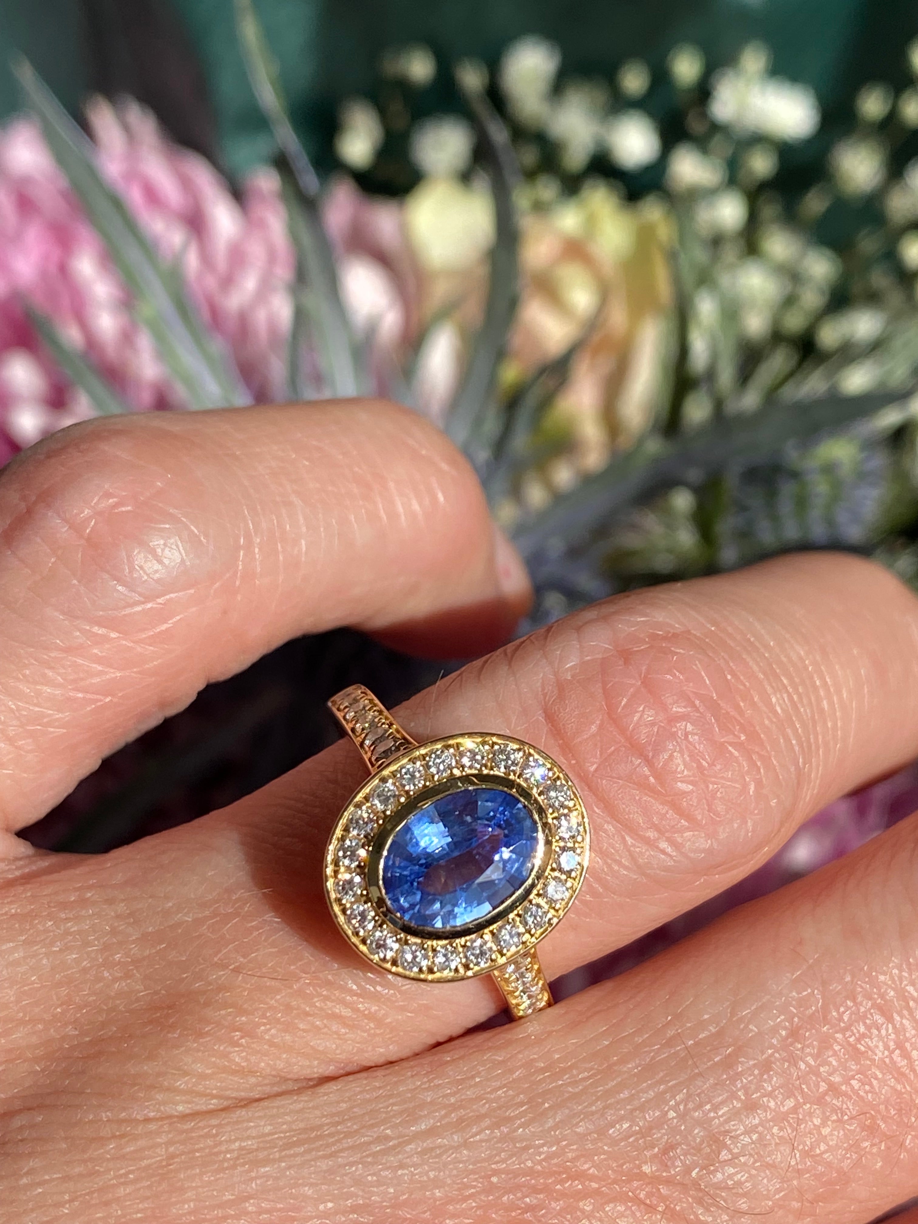 1.64 CTW Violet Sapphire and Natural Diamond Halo Ring in 18ct Yellow Gold