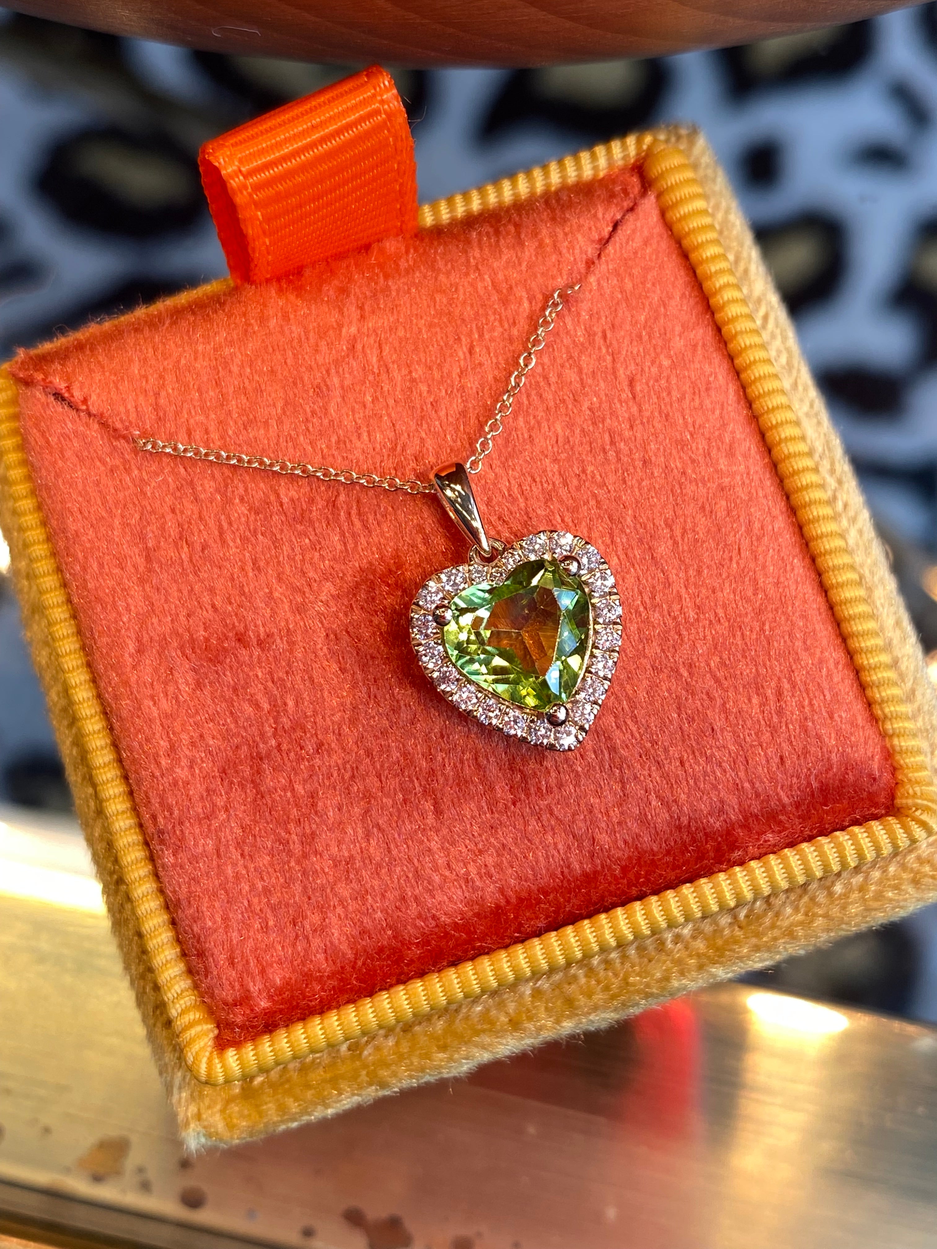 Heart Shaped Peridot and Natural Diamond Pendant Necklace in 9ct Yellow Gold