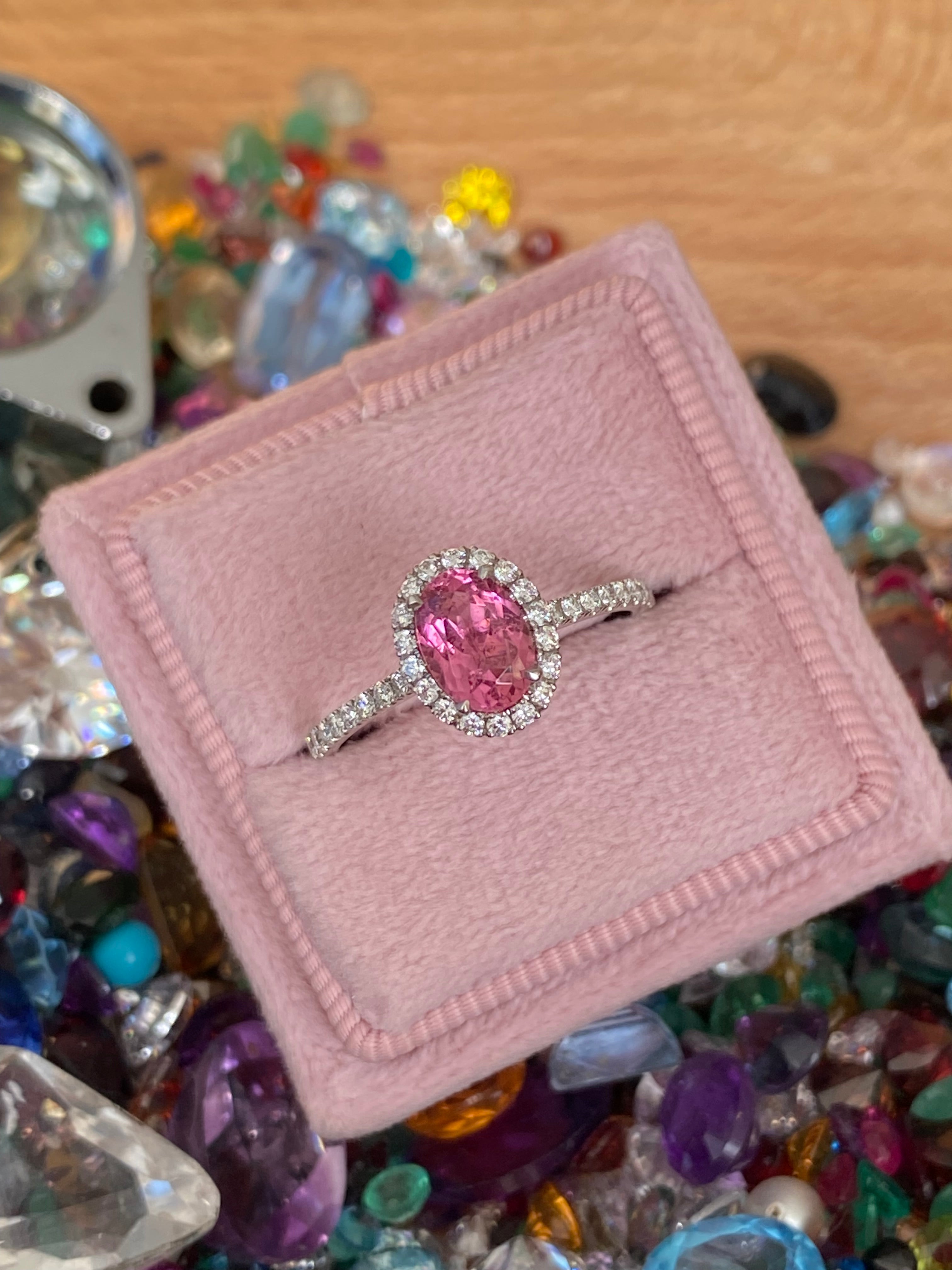 1.24 CTW Oval Cut Pink Sapphire and Natural Diamond Halo Engagement Ring in Platinum