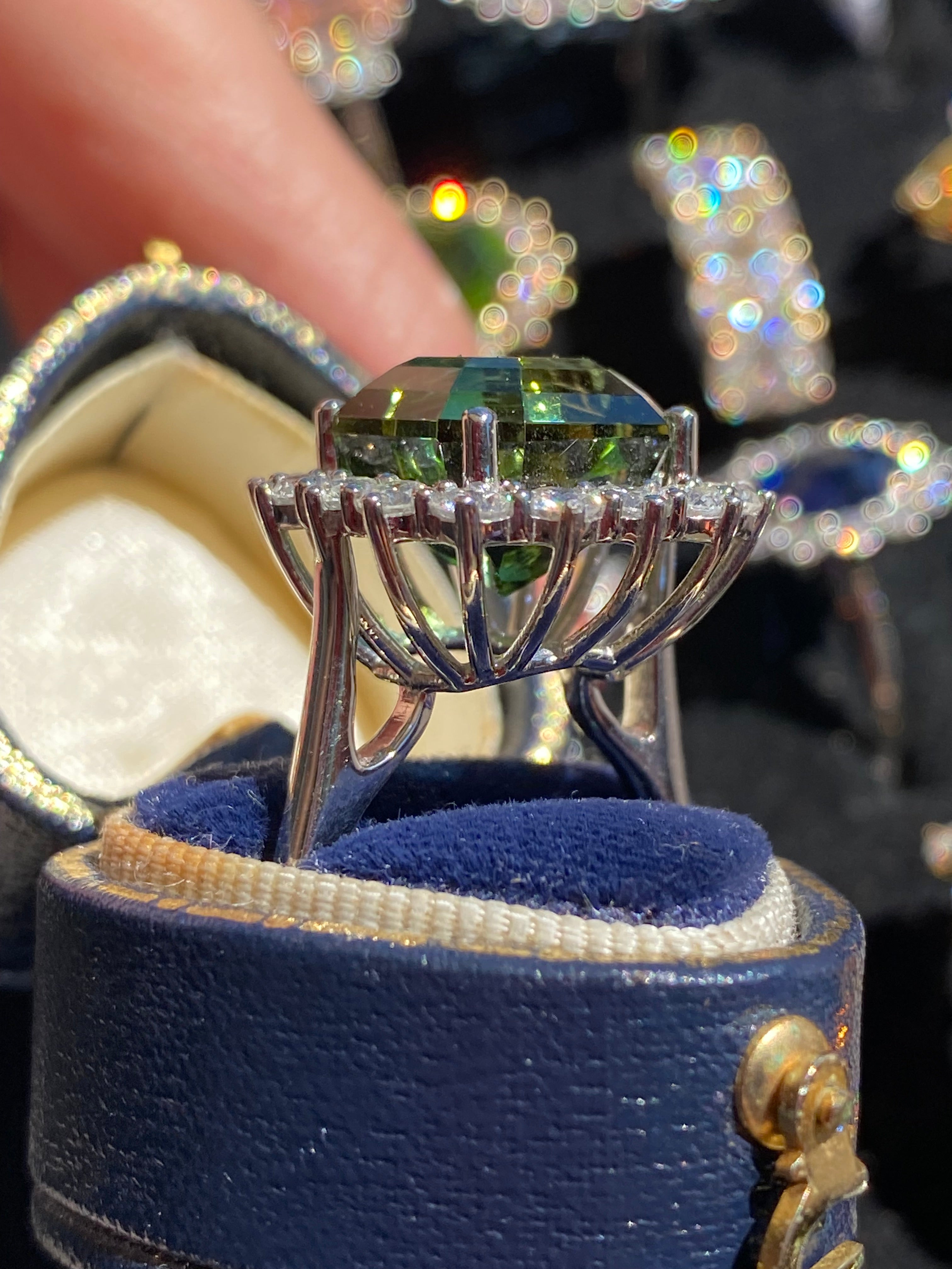 8.44 Carat Asscher Cut Green Tourmaline and 1.38ctw Natural Diamond Ring in Platinum