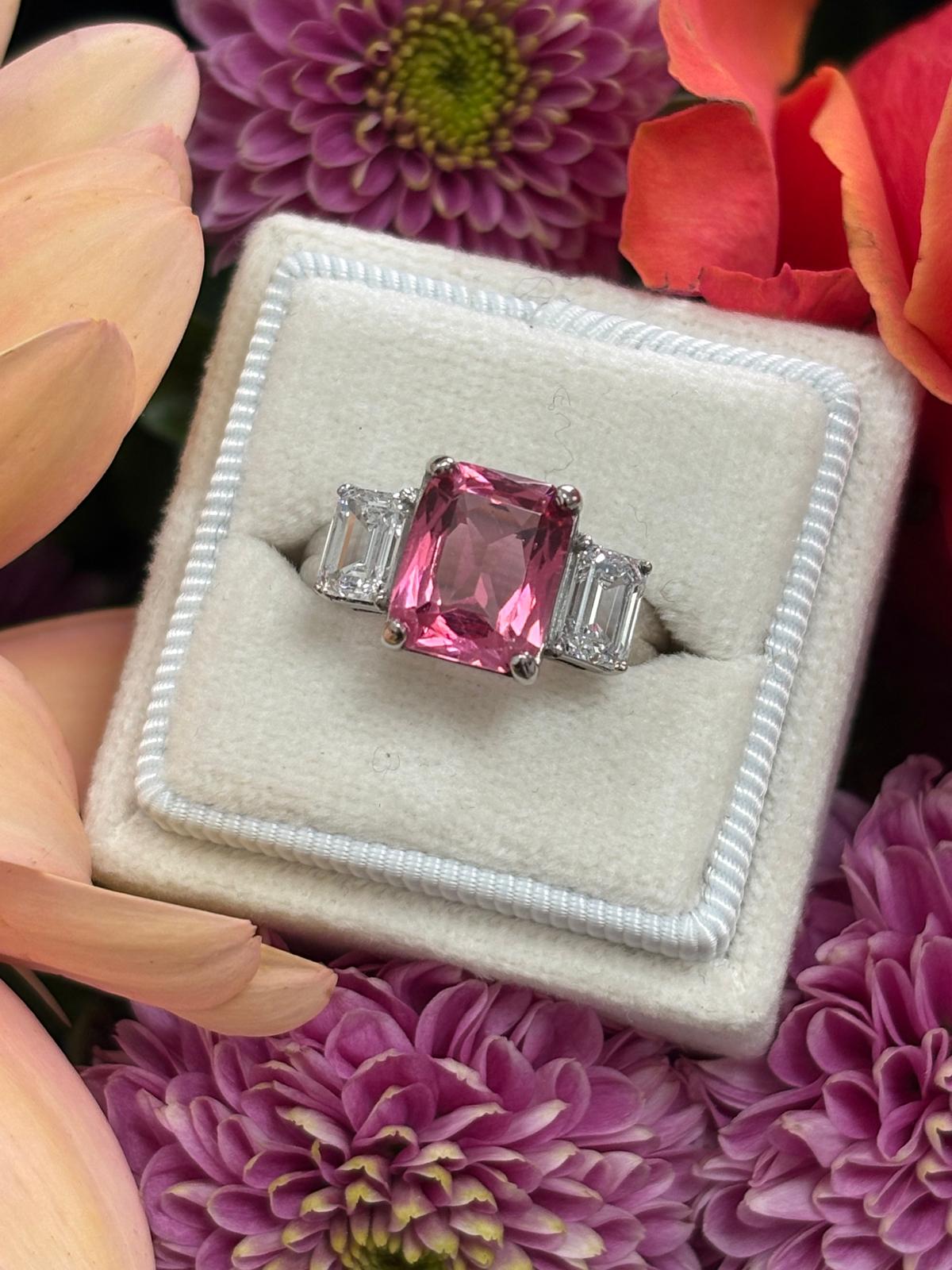 3.45 Carat Pink Tourmaline and 1.34 CTW Lab Diamond Ring in Platinum