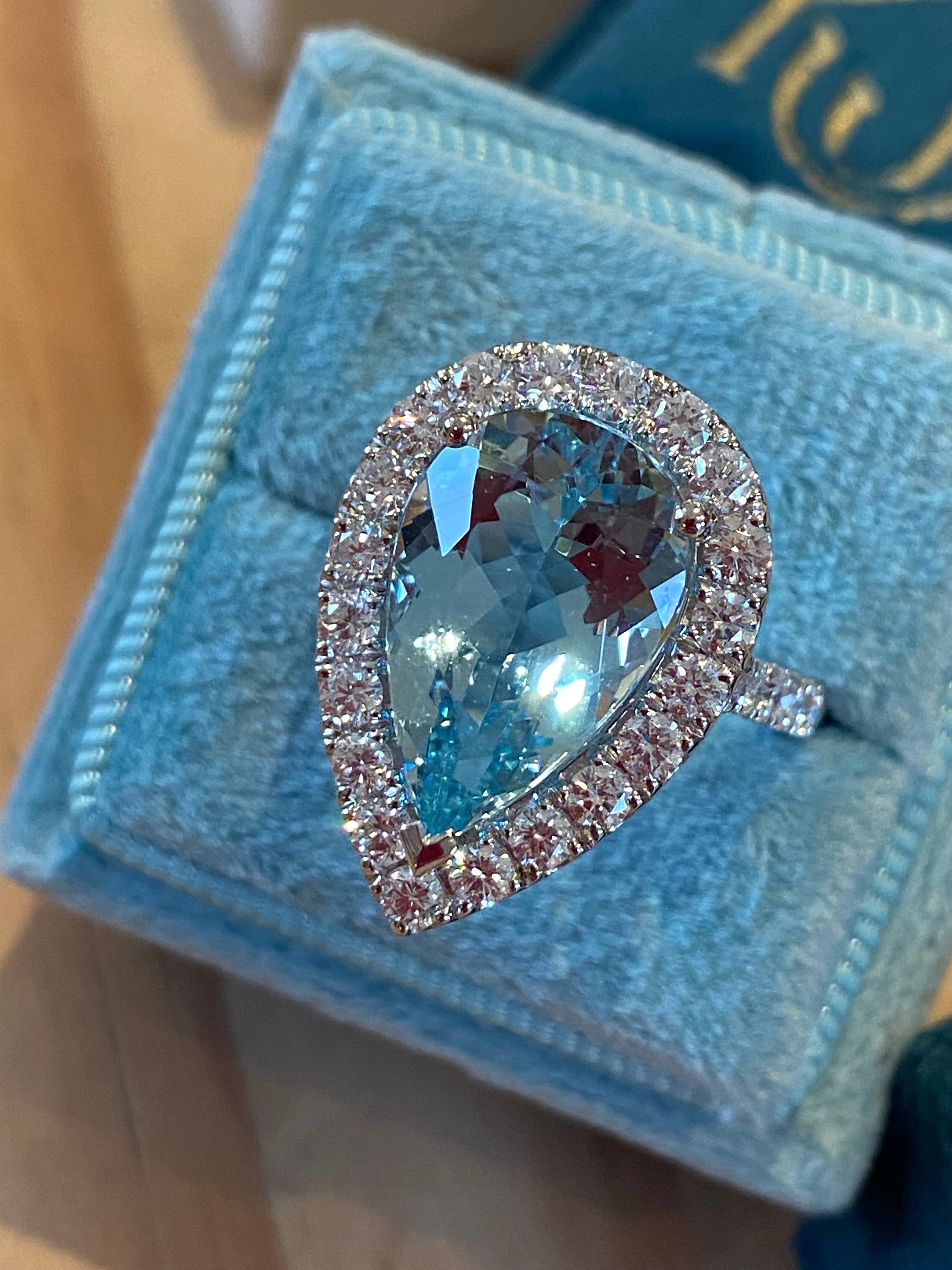 5.36 Carat Pear Cut Aquamarine and 1.38ctw Natural Diamond Ring in Platinum