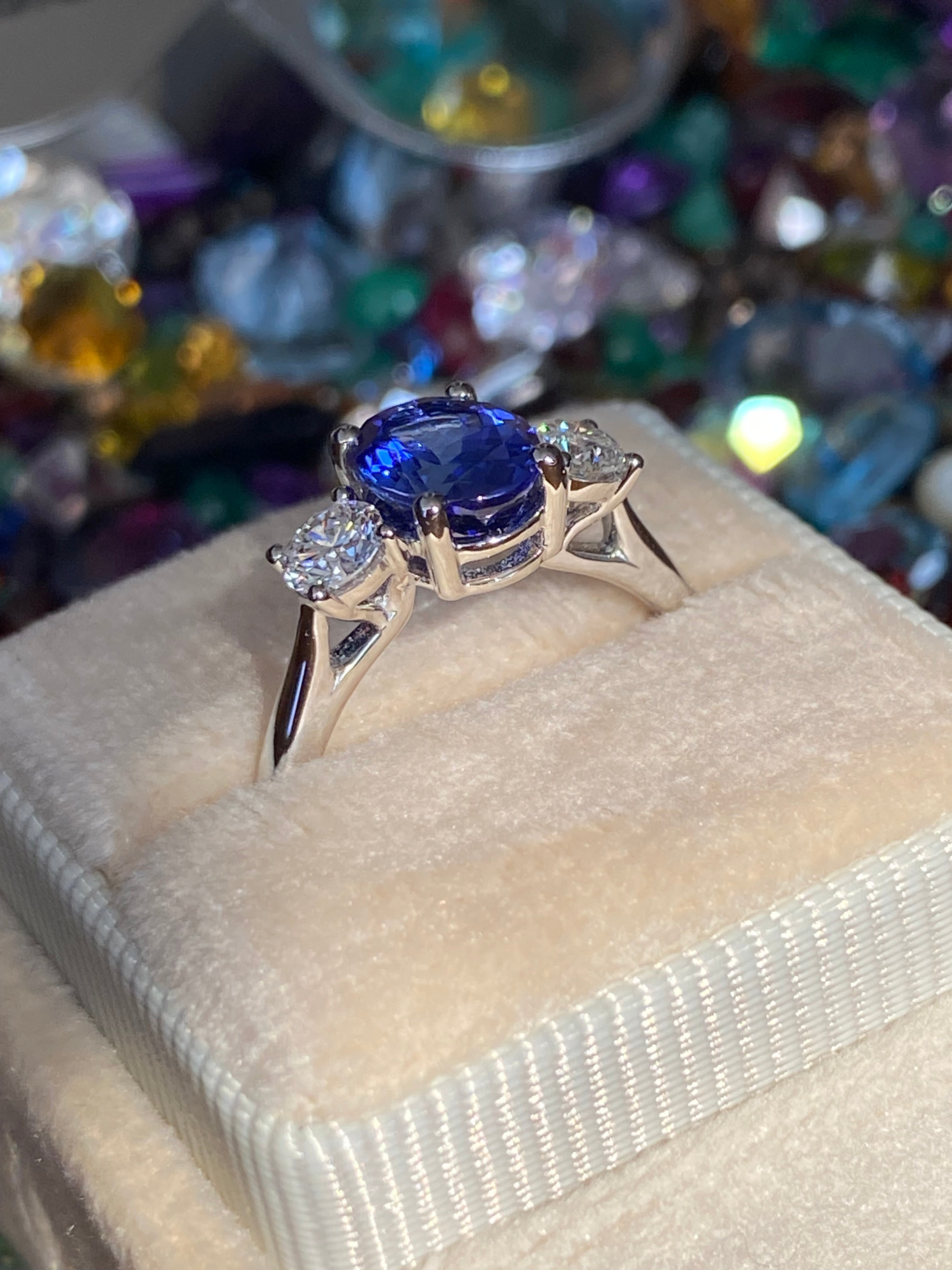 2.08 CTW Tanzanite and Natural Diamond Three Stone Ring in Platinum