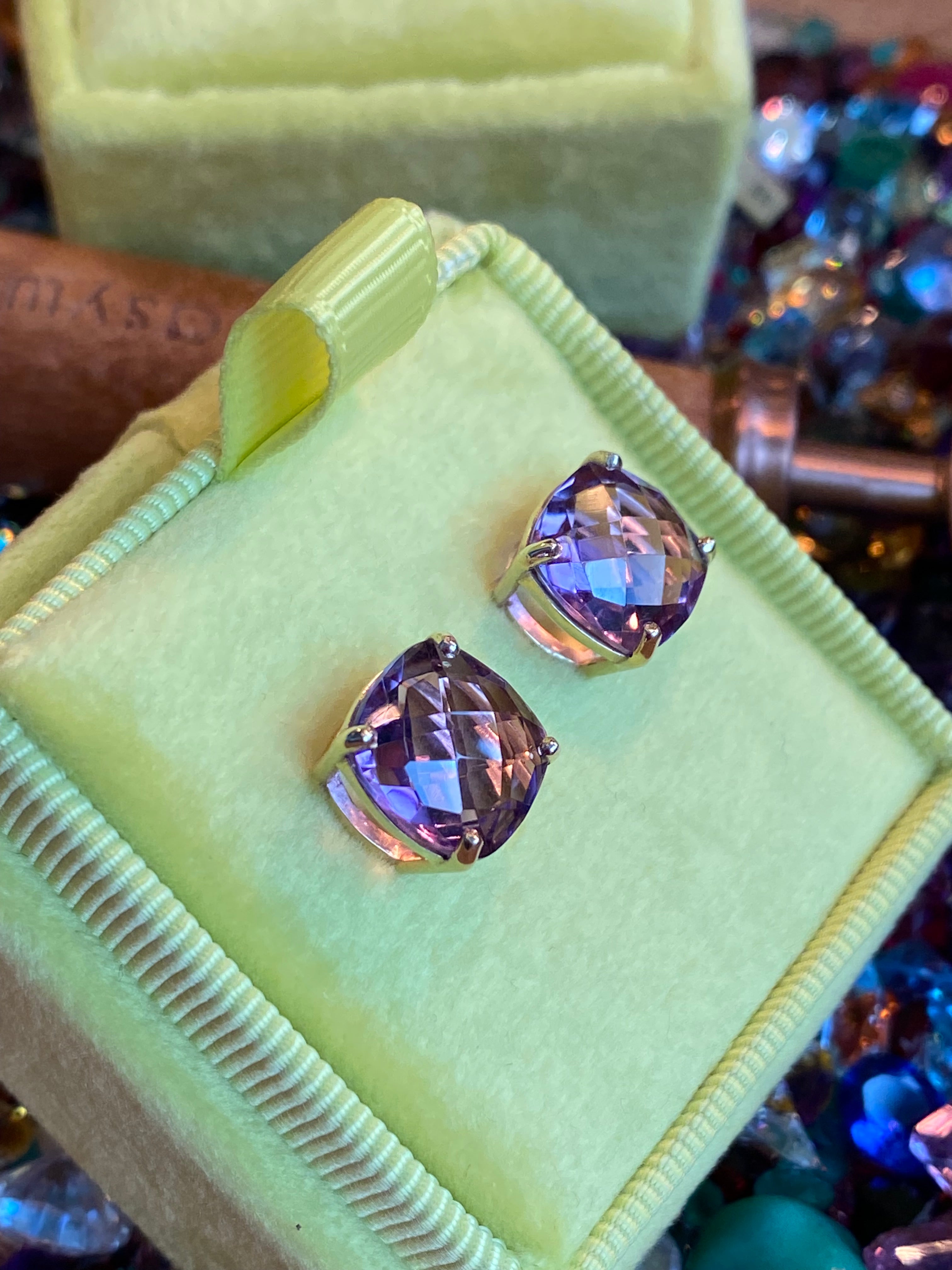 Cushion Chequerboard Cut Rose De France Amethyst Stud Earrings in 9ct Yellow Gold
