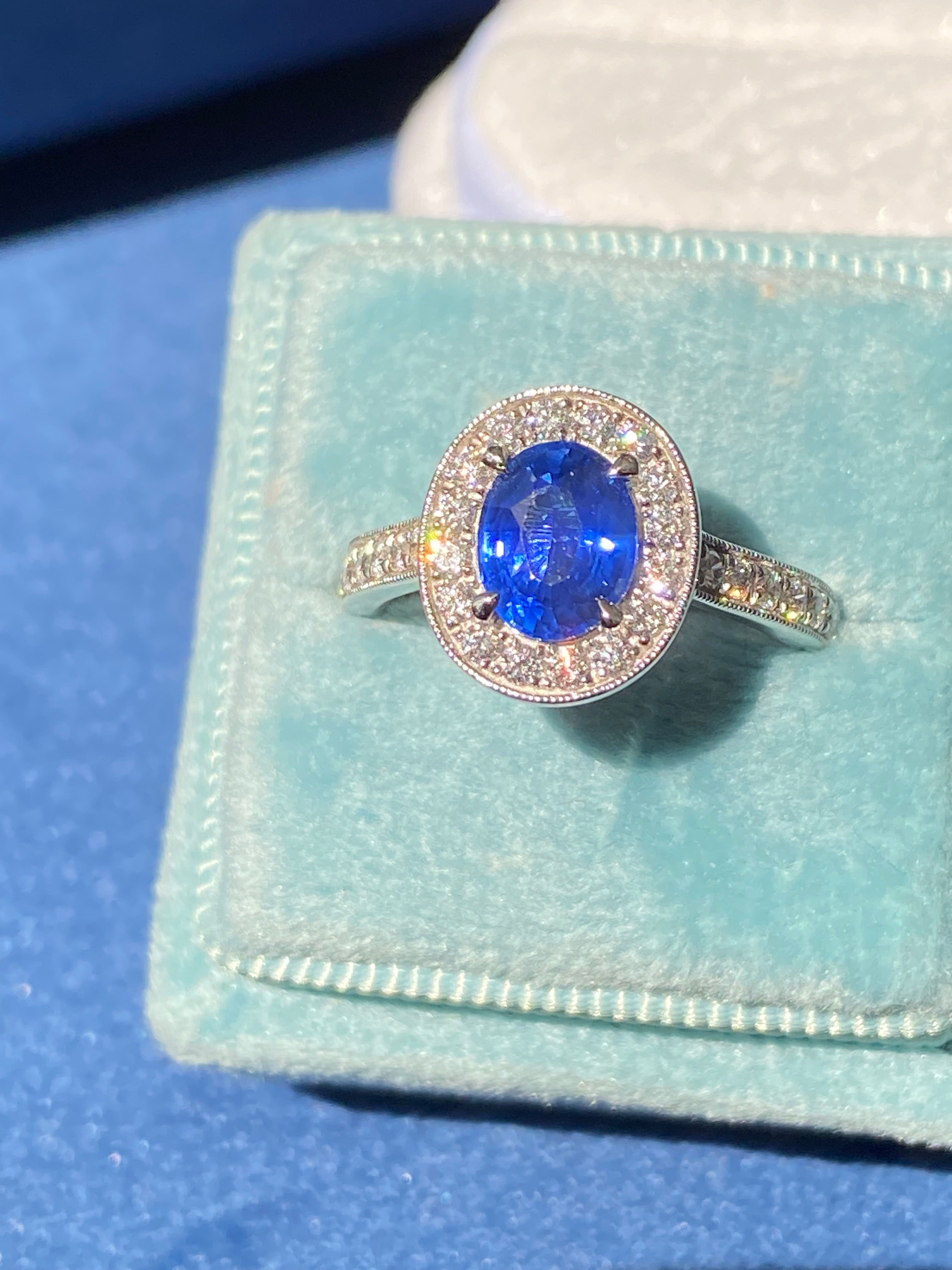 1.98 CTW Blue Ceylon Sapphire and Natural Diamond Halo Ring in Platinum