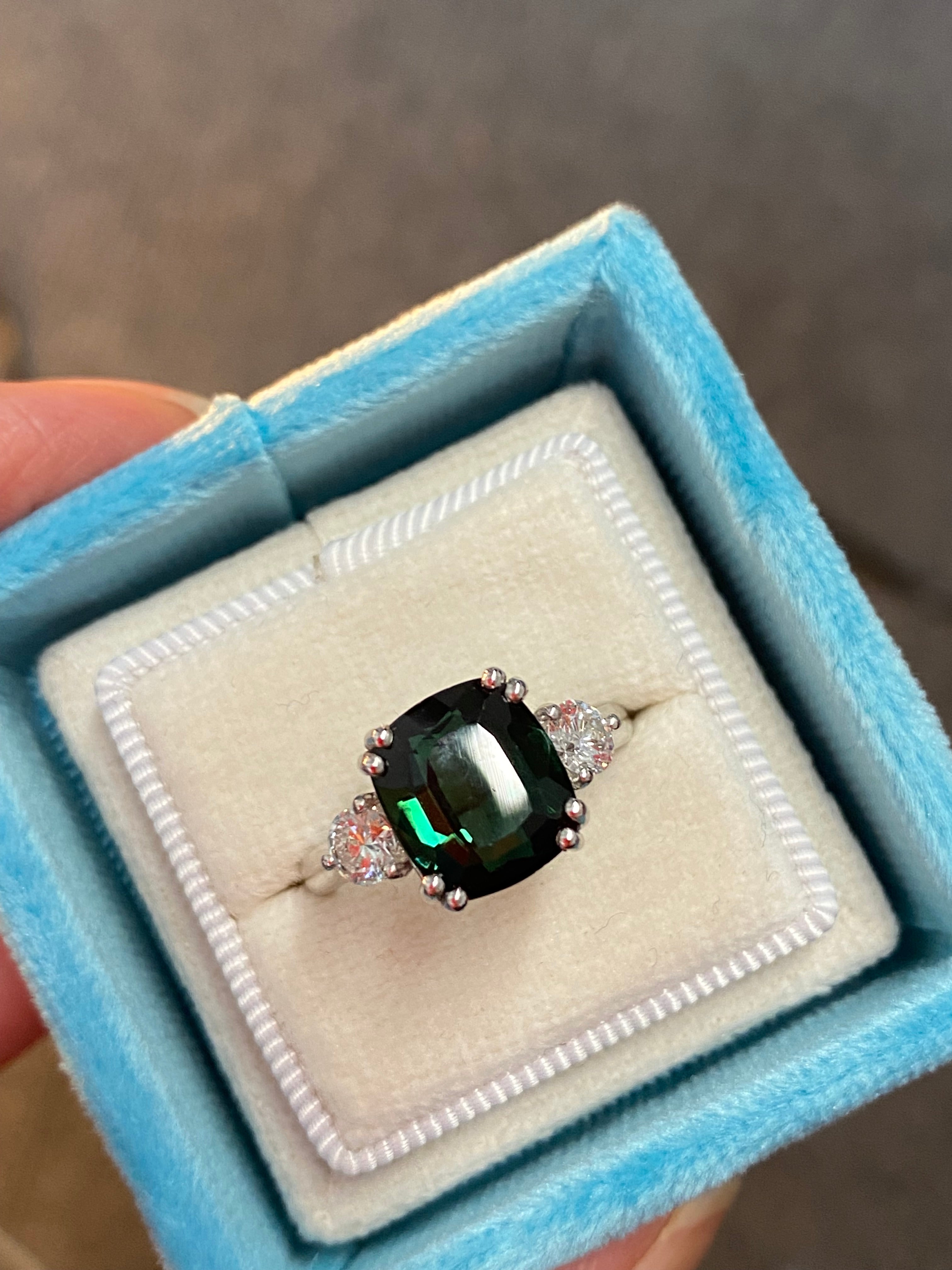3.97 Carat Green Tourmaline and Natural Diamond Ring in Platinum