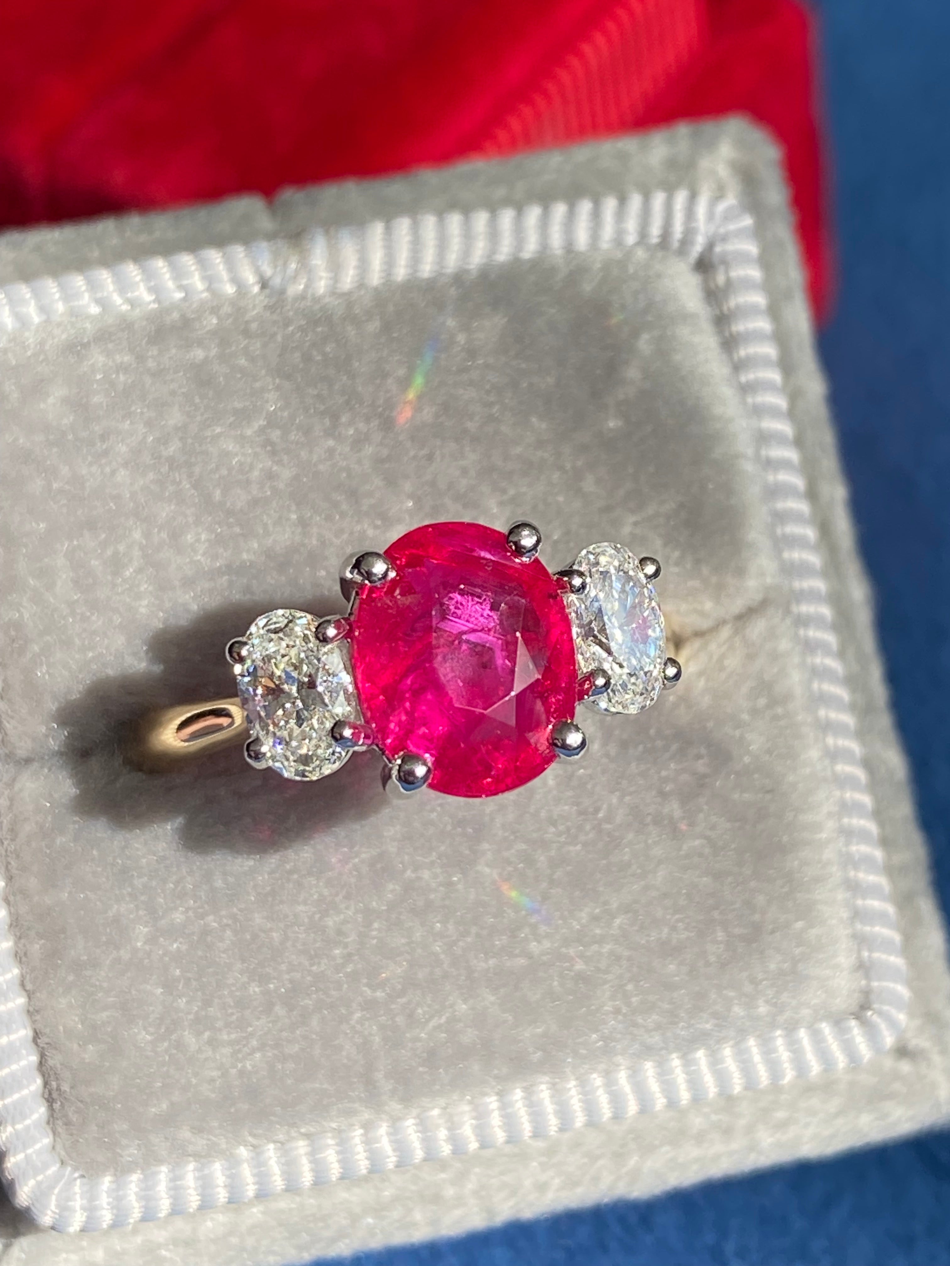 2.03 Carat Ruby and Natural Diamond Three Stone Ring in Platinum and 18ct Yellow Gold