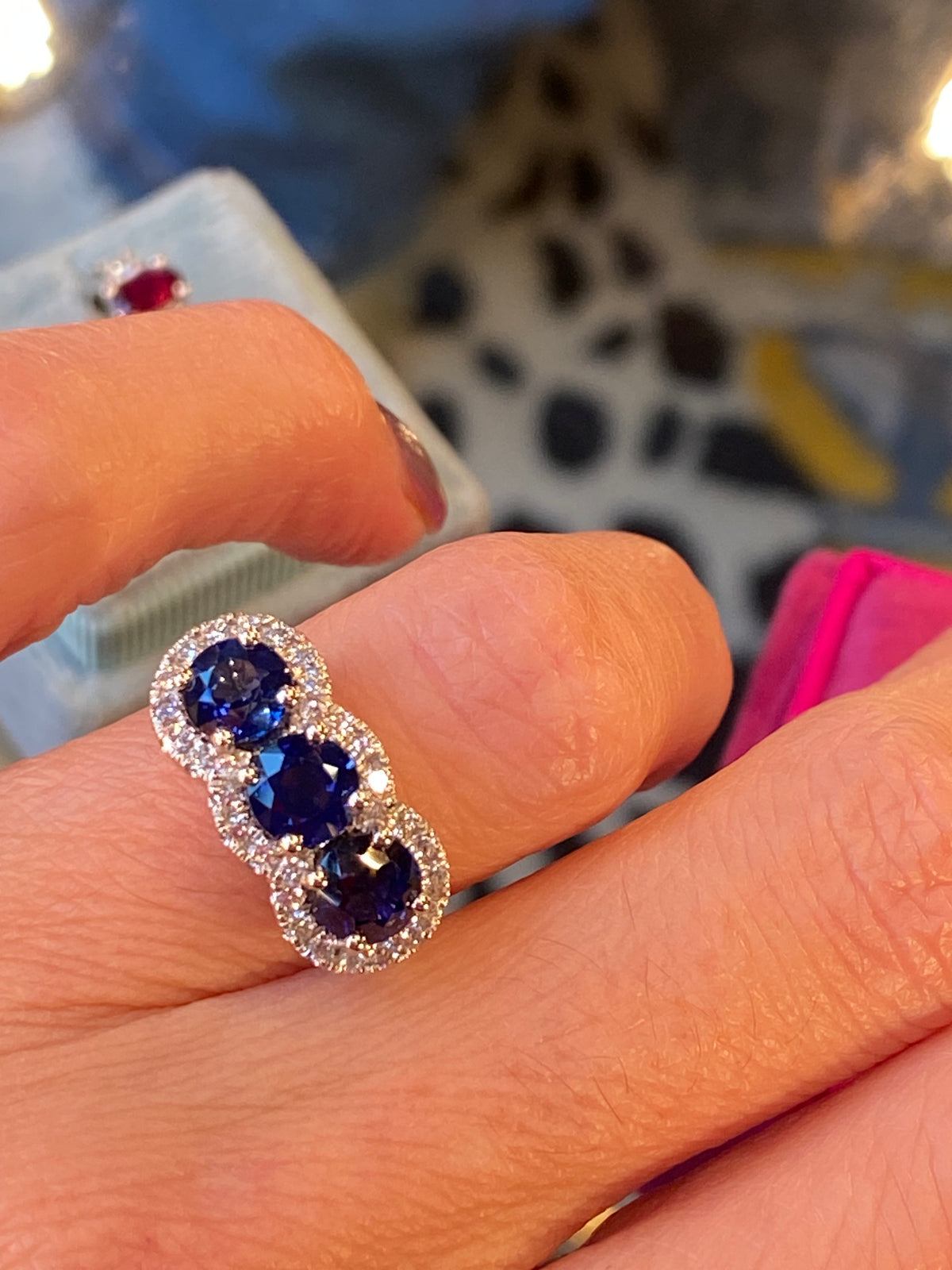 2.74 CTW Round Cut Blue Sapphire and Diamond Trilogy Ring in Platinum