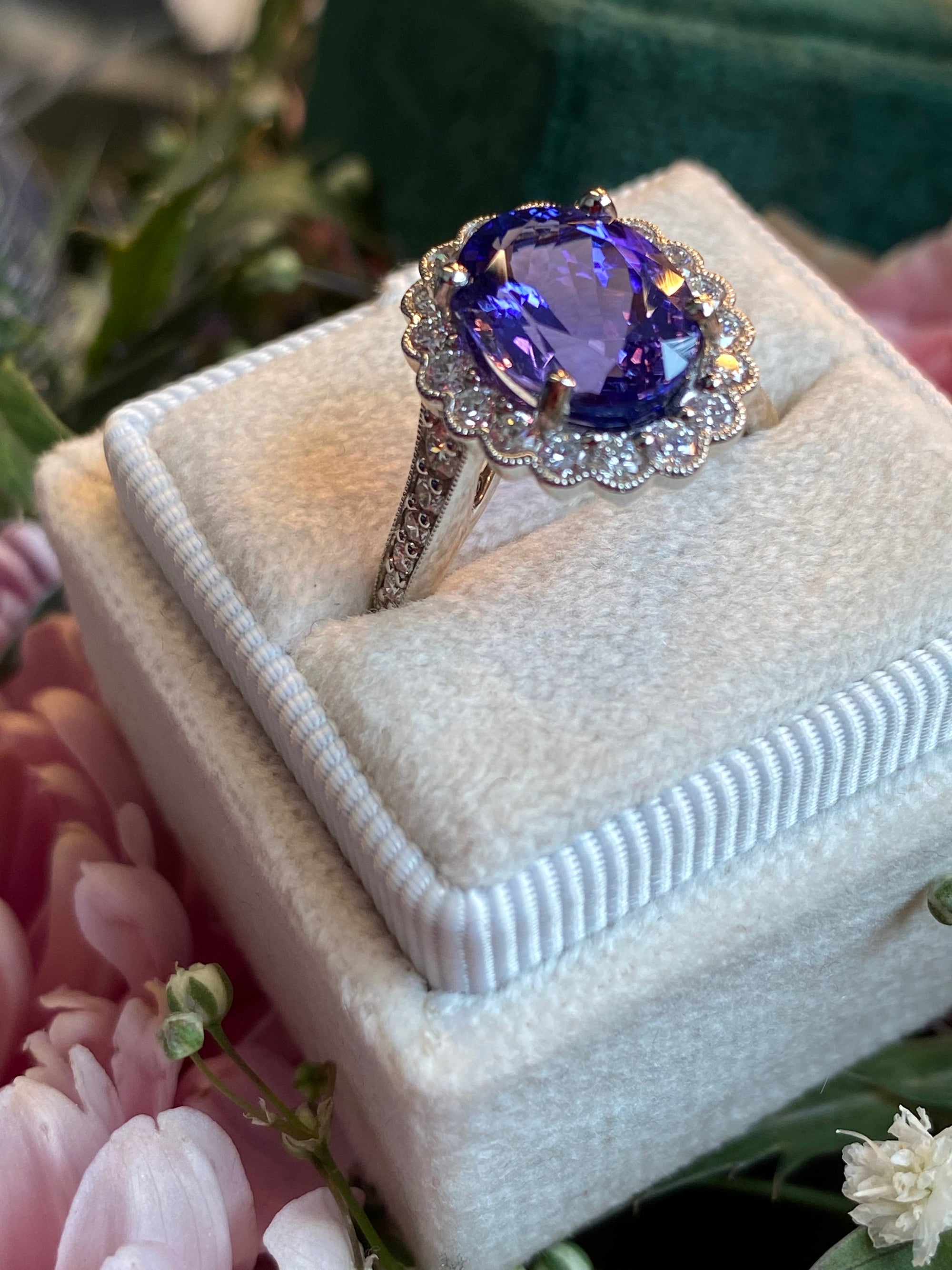 3.87 Carat Oval Cut Tanzanite and 0.75ctw Natural Diamond Cocktail Ring in Platinum