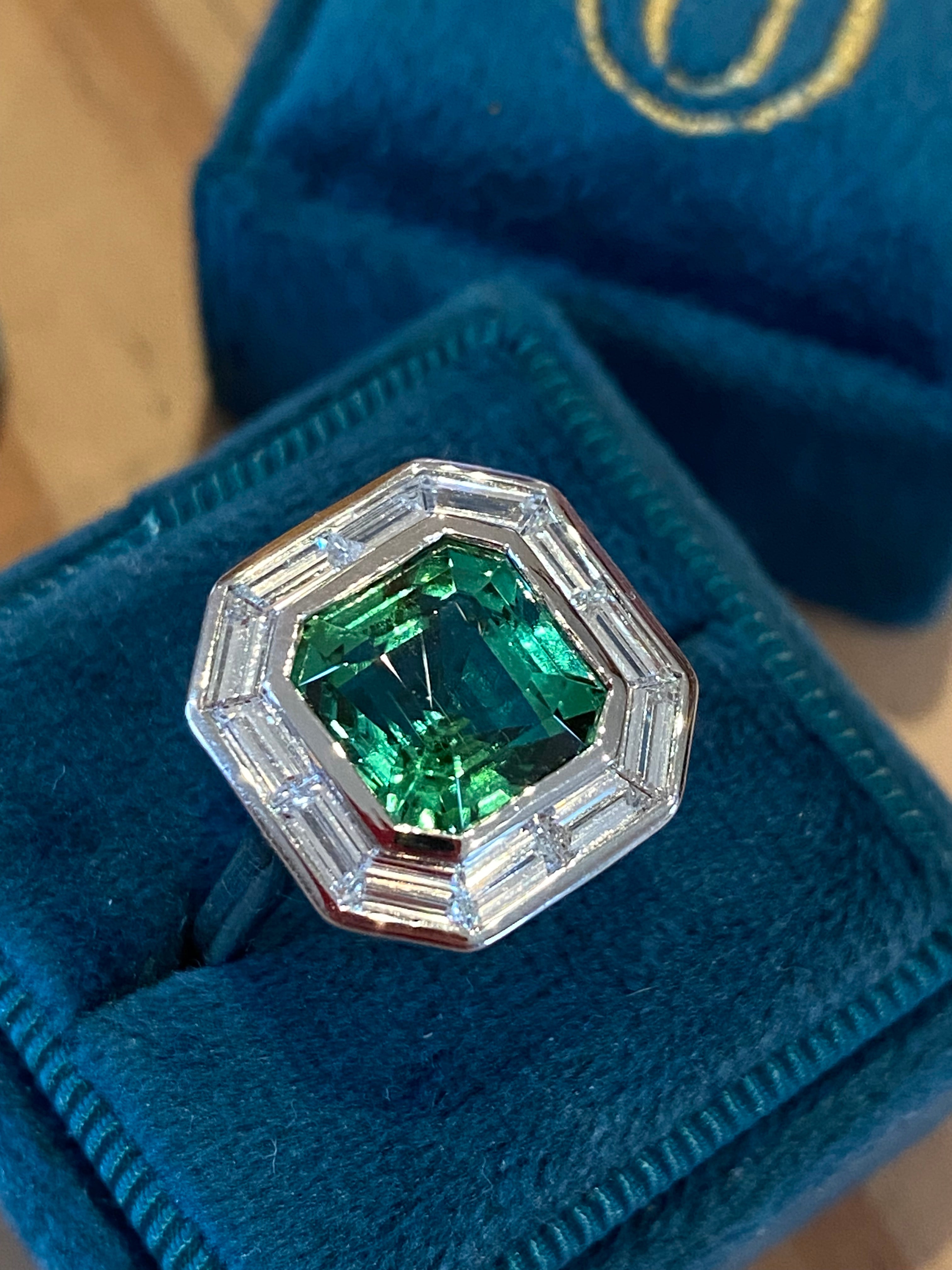 3.98 Carat Mint Tourmaline and 1.15ctw Natural Diamond Ring in Platinum