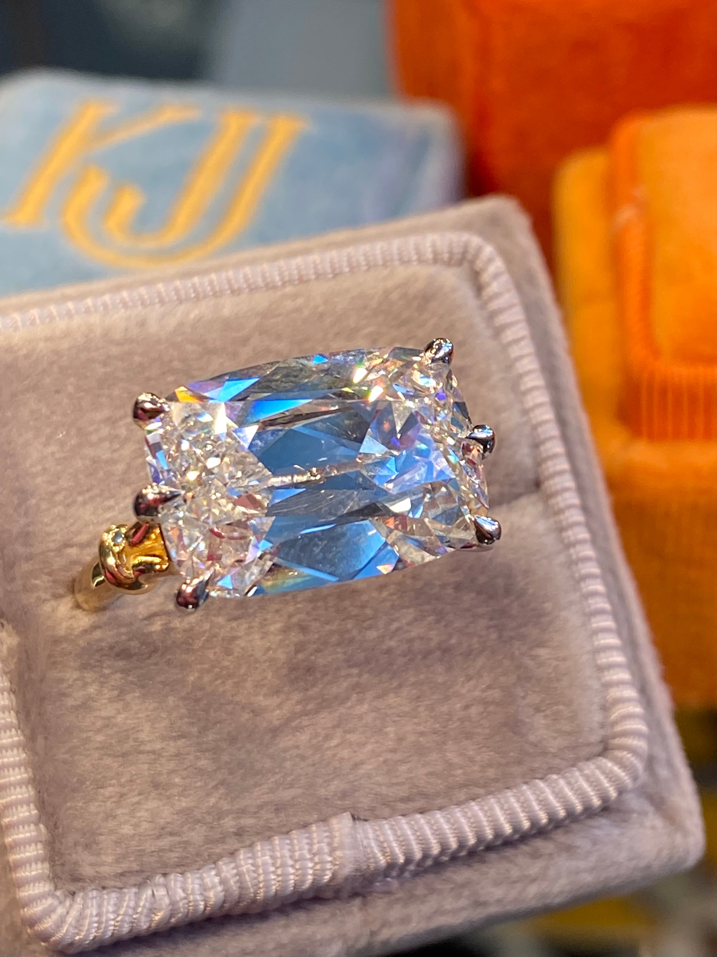 8.09 Carat Old Mine Cut Lab Diamond East West Solitaire Engagement Ring in 18ct Yellow Gold and Platinum