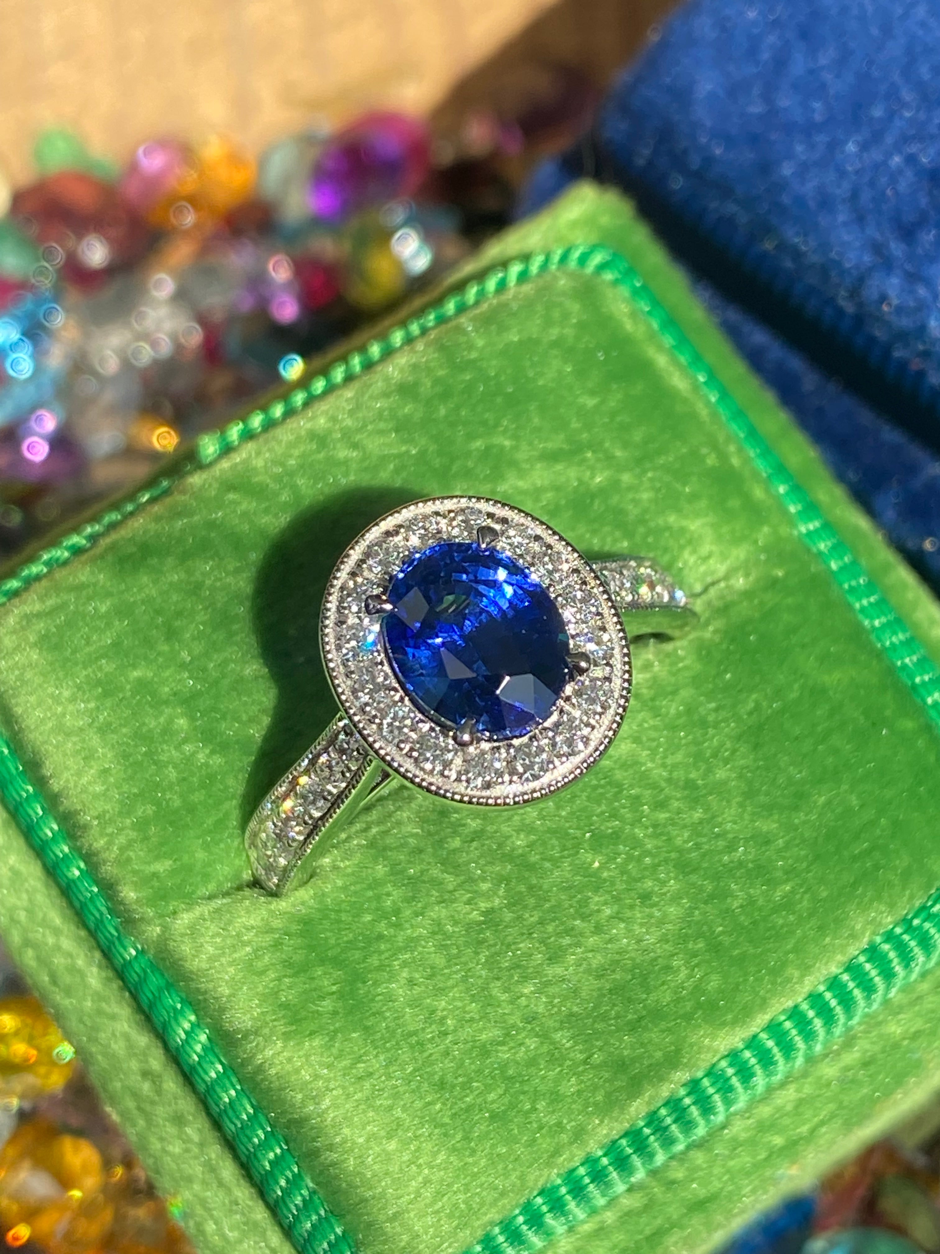2.14 CTW Blue Ceylon Sapphire and Natural Diamond Halo Ring in Platinum