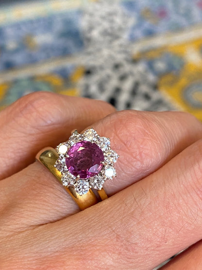2.93 CTW Round-Cut Ruby and Natural Diamond Halo Ring in 18ct White and Yellow Gold