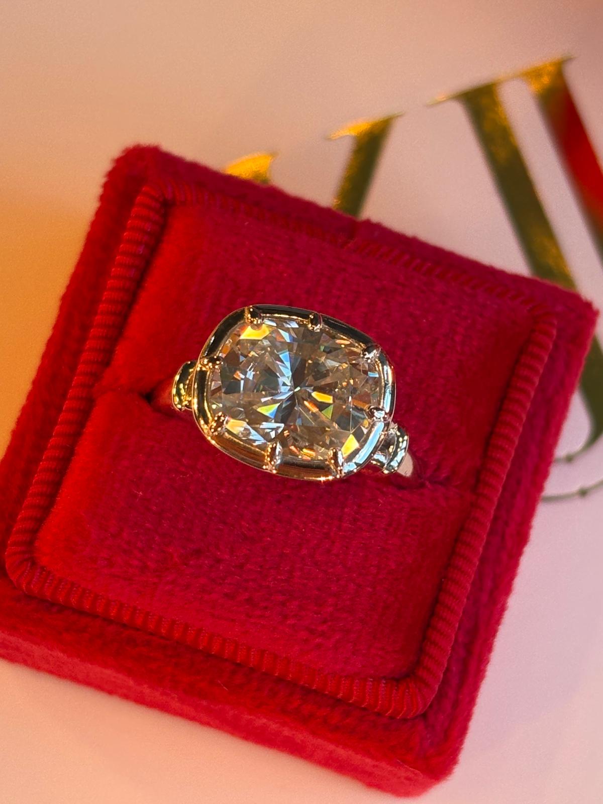 4.00 Carat Georgian Style Button Back Cushion Cut Moissanite East West Solitaire Ring in Sterling Silver