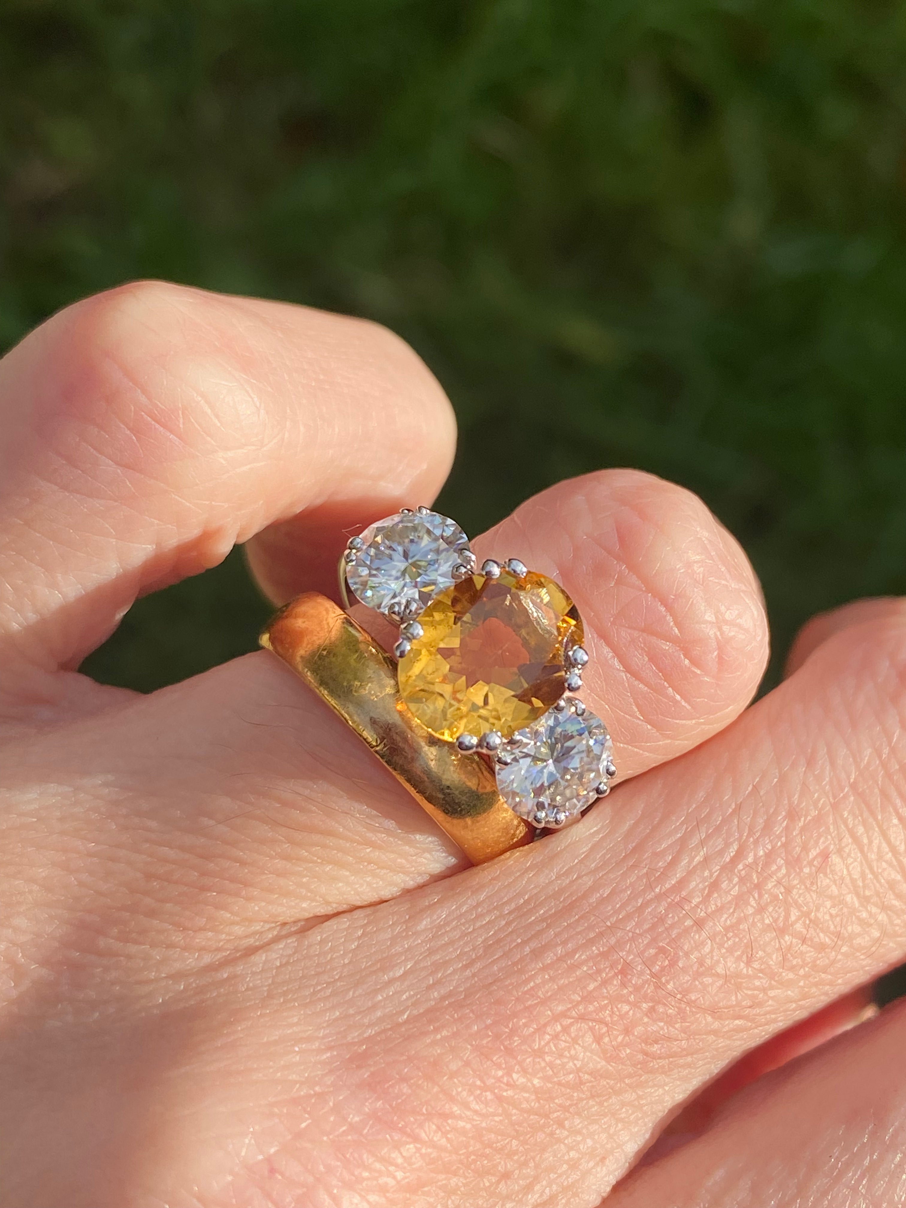 2.57 Carat Citrine and 1.84 Carat Moissanite Three Stone Ring in Sterling Silver
